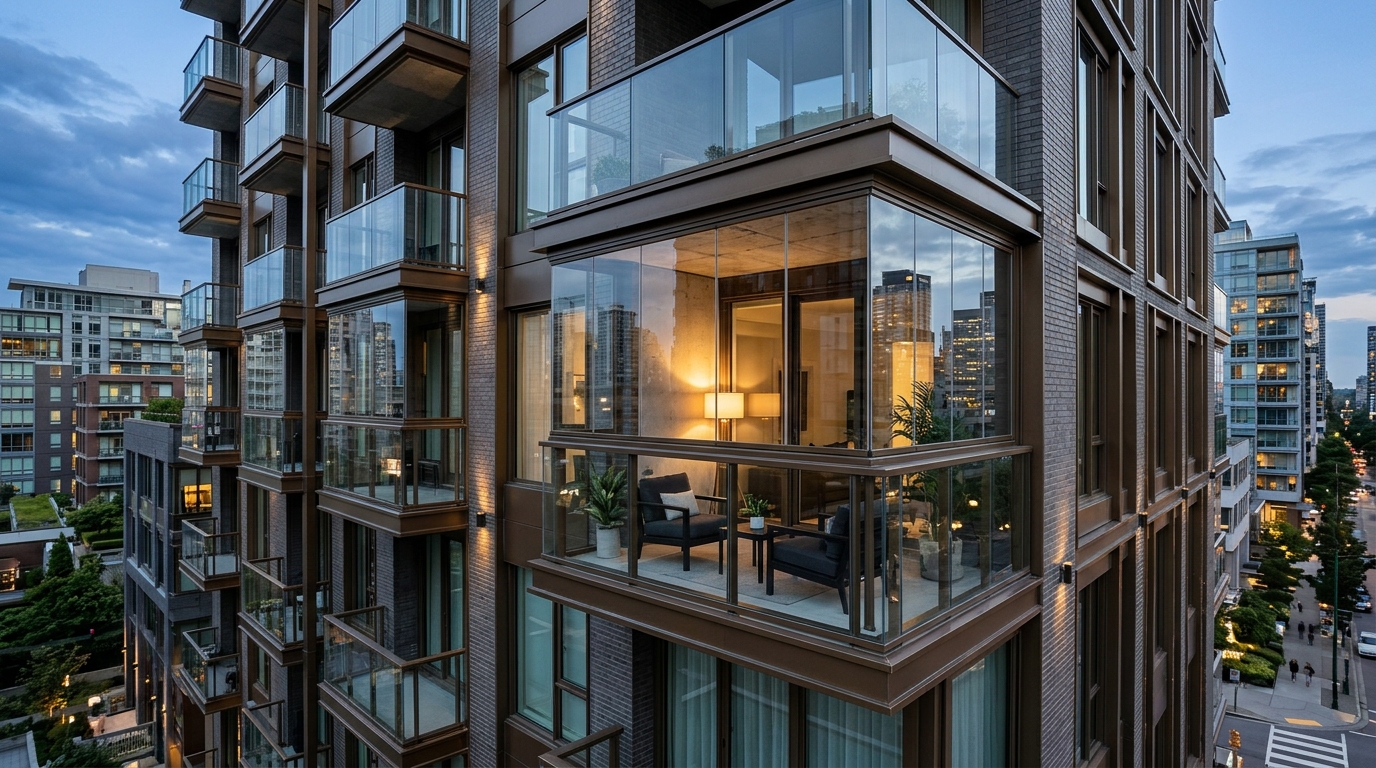Vertical garden wall on a balcony with integrated irrigation and subtle directional spotlighting for nighttime drama.