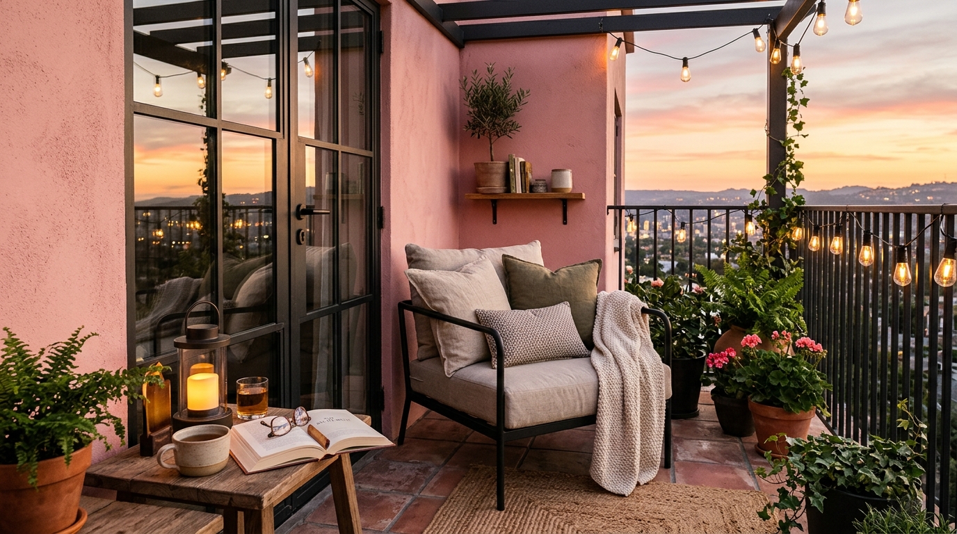 The contrast of 'Setting Plaster' pink walls and Urban Bronze frames in a trendy, Organic Modern enclosed balcony.