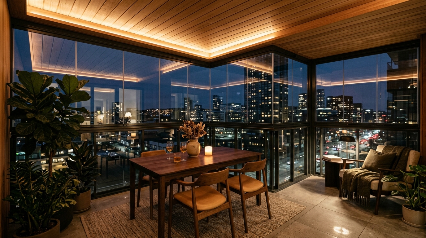 Atmospheric evening shot of an enclosed balcony with 2700K warm ambient lighting and soft shadow play against Urban Bronze window frames.