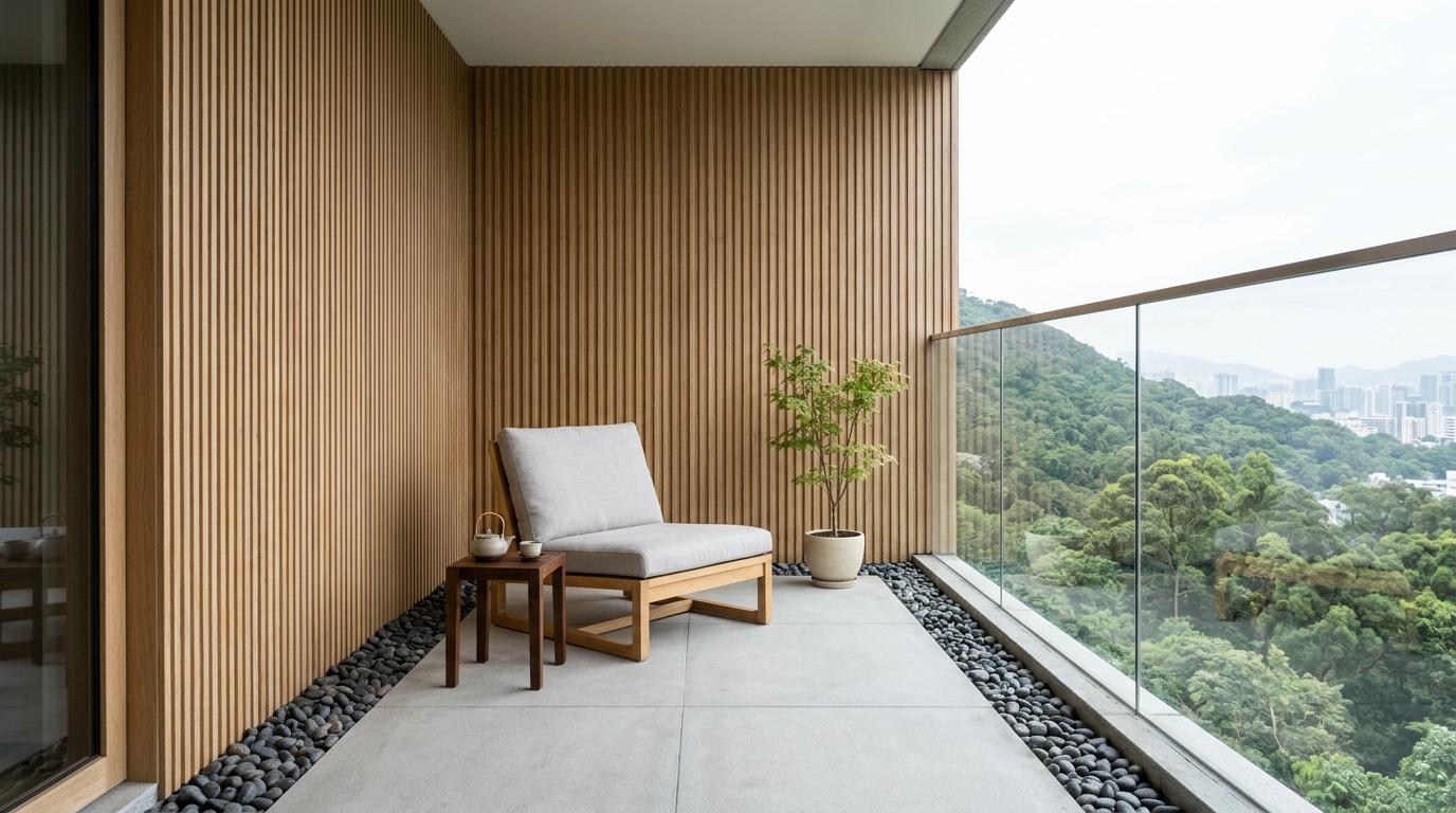 Minimalist Japanese-inspired enclosed balcony with fluted oak panels and honed travertine flooring for a seamless interior extension.