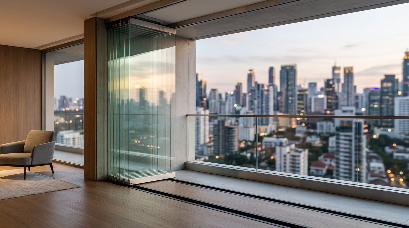 High-performance architectural glazing solutions in a small apartment, showcasing unobstructed panoramic views and frameless stacking panels.