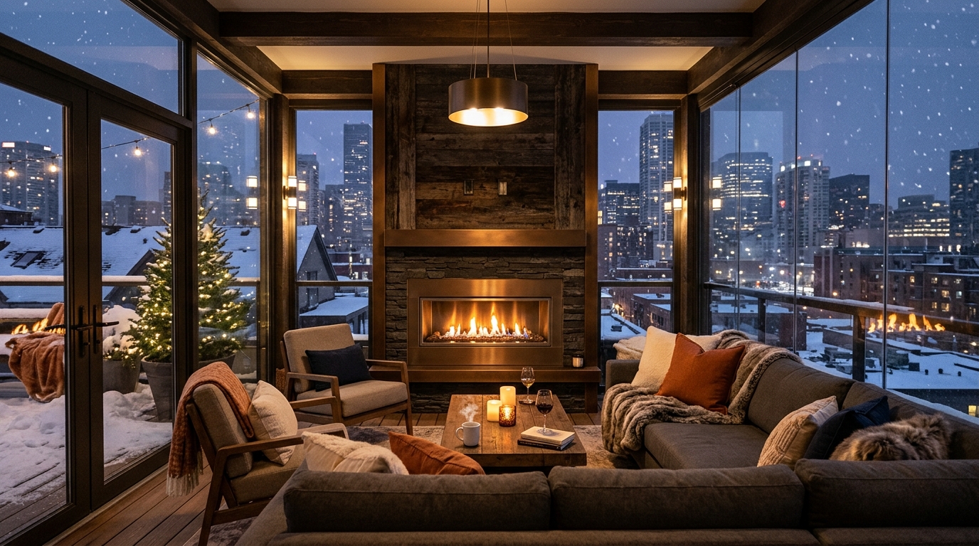A four-season balcony layout featuring a discreet trench heater and thermal-efficient Low-E glass for year-round comfort.