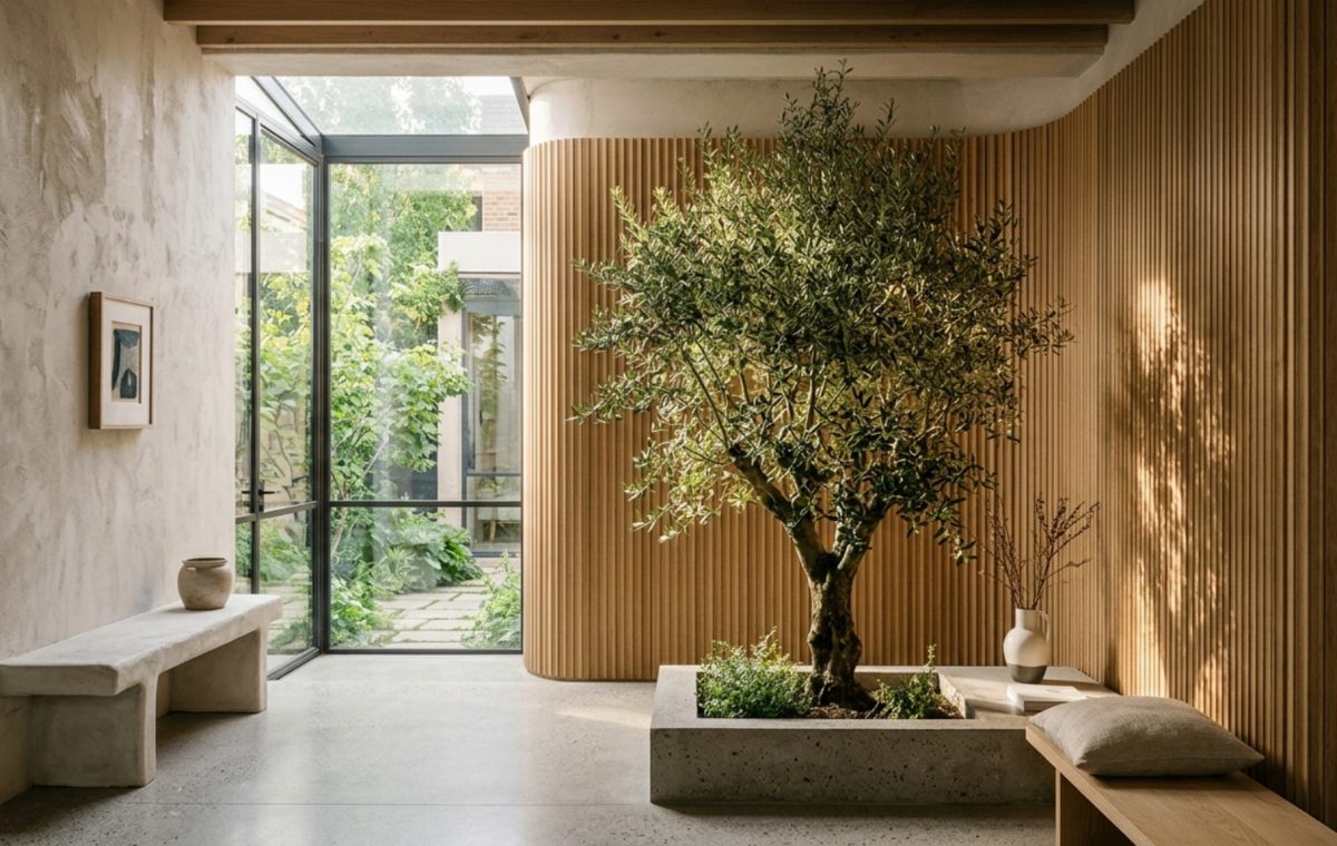 Biophilic interior architecture featuring an indoor olive tree in a sun-drenched living room with fluted oak walls and lime-wash plaster finishes.