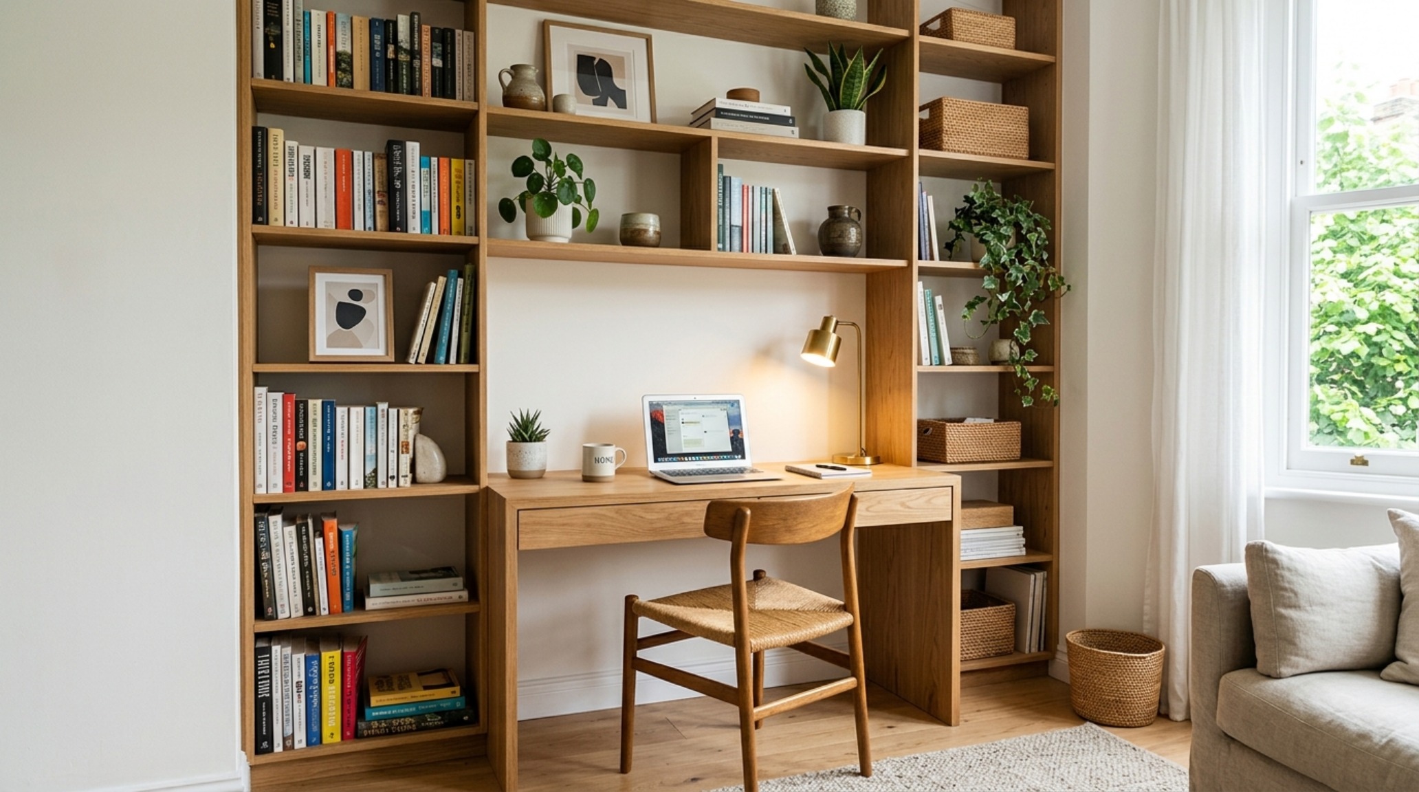 Small home spatial solutions including a built-in window seat with hidden storage and a slender floor lamp for reading.
