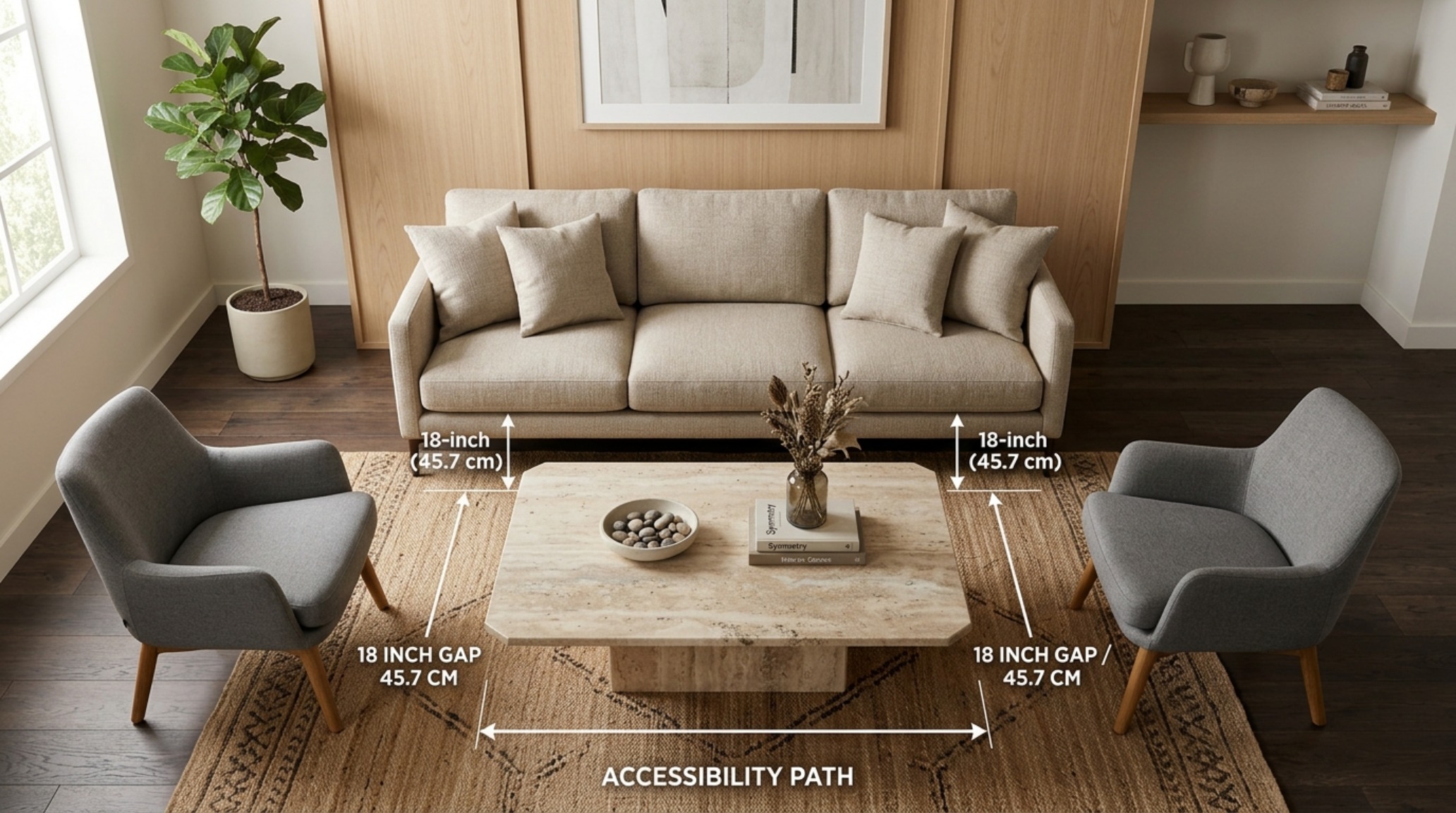 Residential ergonomic standards showing the 18-inch reach from a velvet sofa to a low-profile honed stone coffee table.