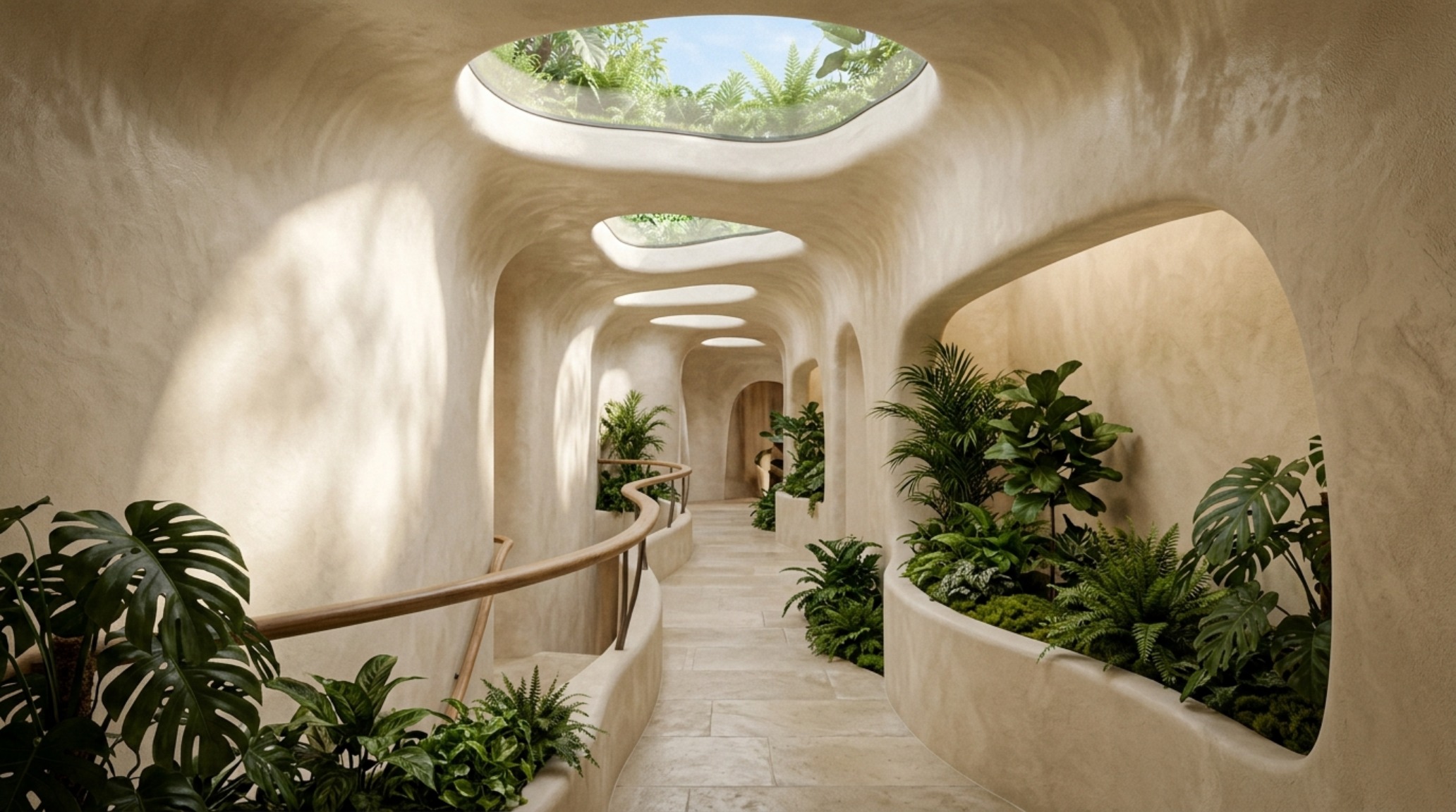 Biophilic interior architecture with a skylight illuminating a hallway finished in natural clay plaster and light oak flooring.