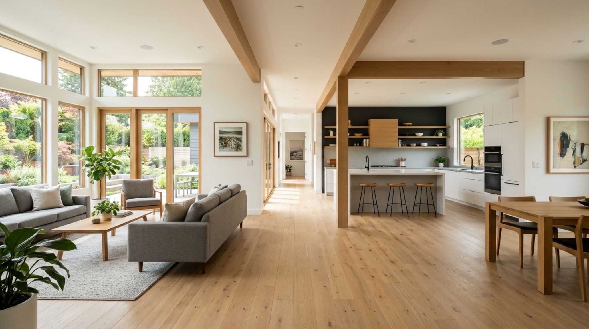 Modern house interior layout ideas showing a seamless transition from a minimalist kitchen to a warm living area with 36-inch clear walkways.