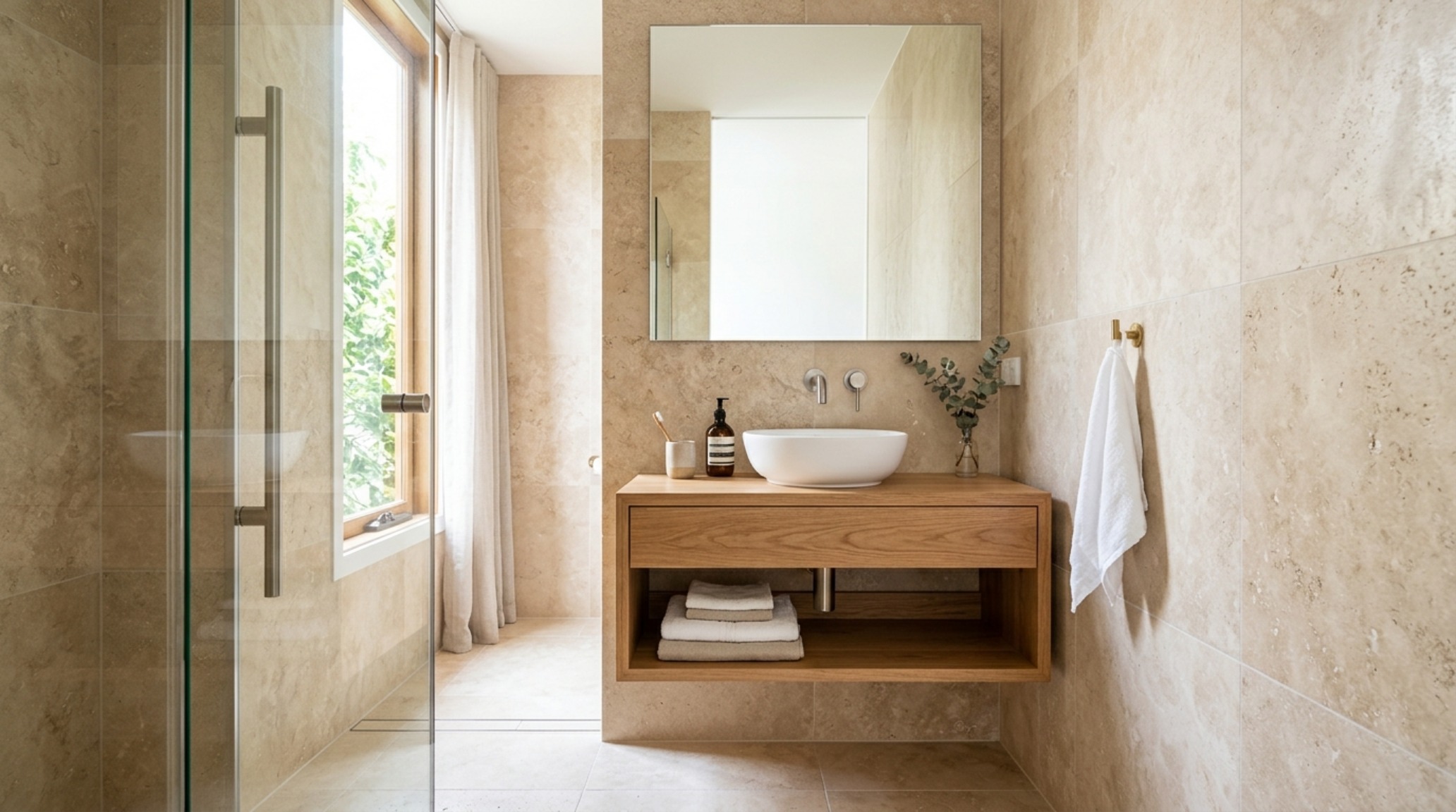 Small home spatial solutions utilizing a floating white oak vanity and large format travertine tiles to maximize visual floor space in a compact bathroom.