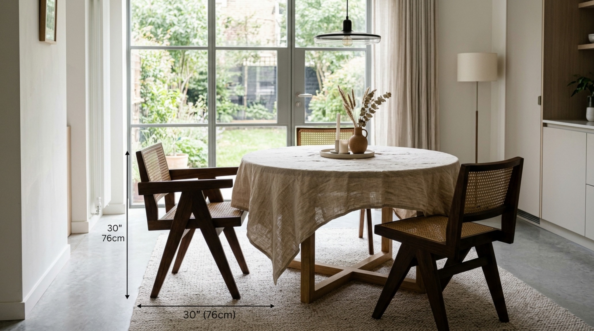 Residential ergonomic standards illustrated by a 30-inch height dining table and perfectly spaced chairs with 30-inch rear clearance for movement.
