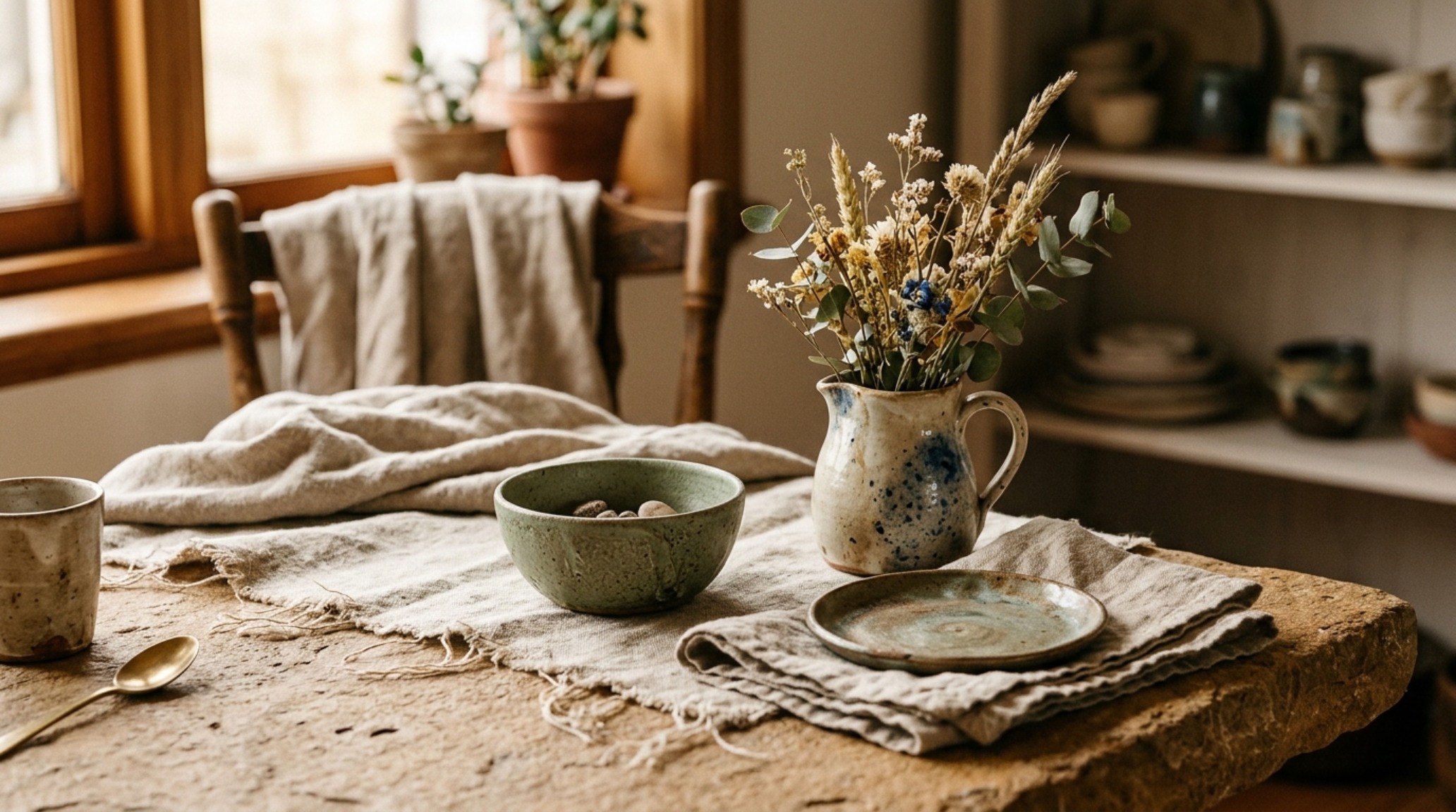 Bespoke home styling principles showcasing a curated vignettes of vintage stoneware, Belgian linen cushions, and a hand-knotted wool rug.