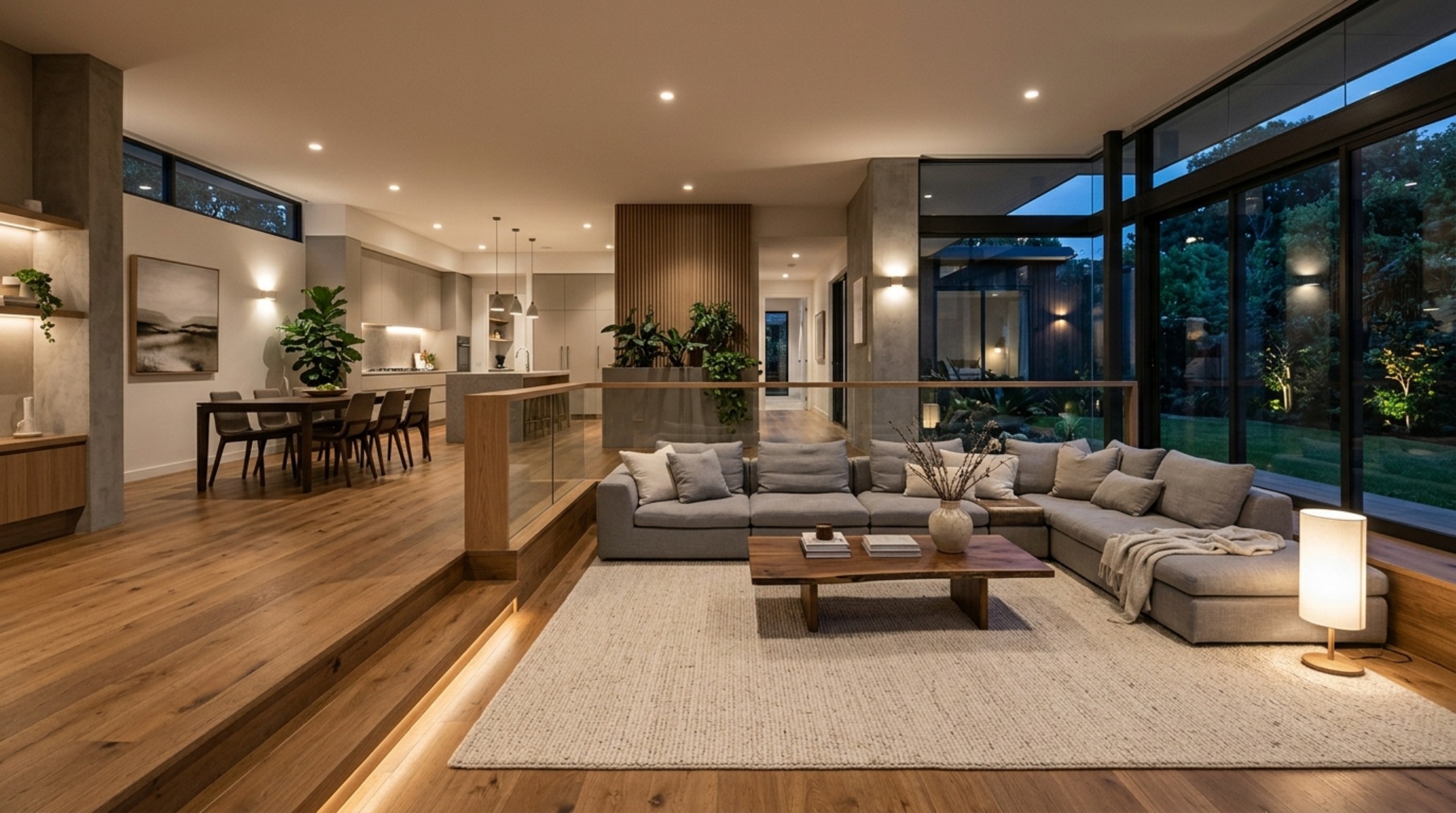 Modern house interior layout ideas featuring a low-slung modular sofa and a change in floor levels to define the living zone without walls.