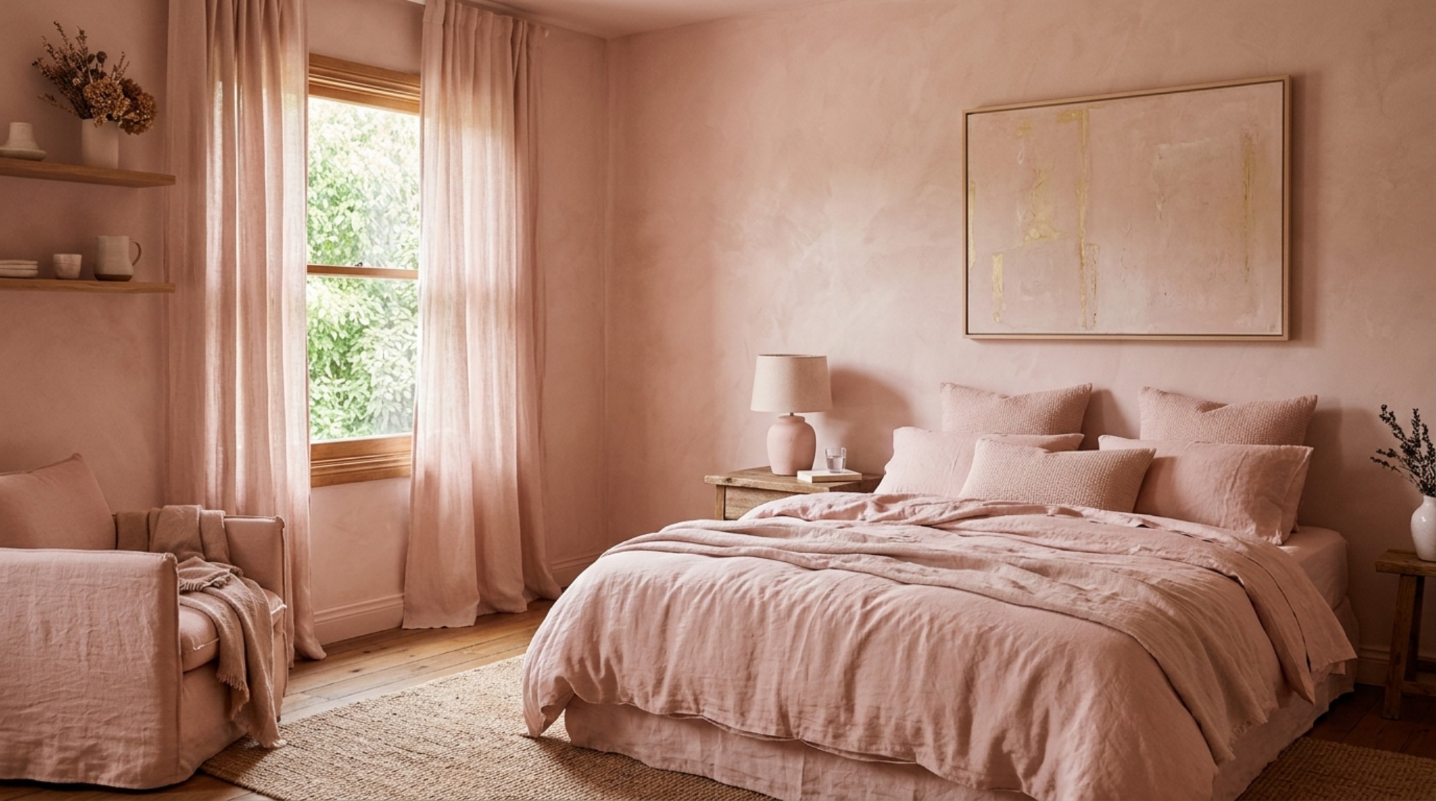 Color drenching design techniques using a soft terracotta hue across walls and trim to create a warm, immersive bedroom environment.