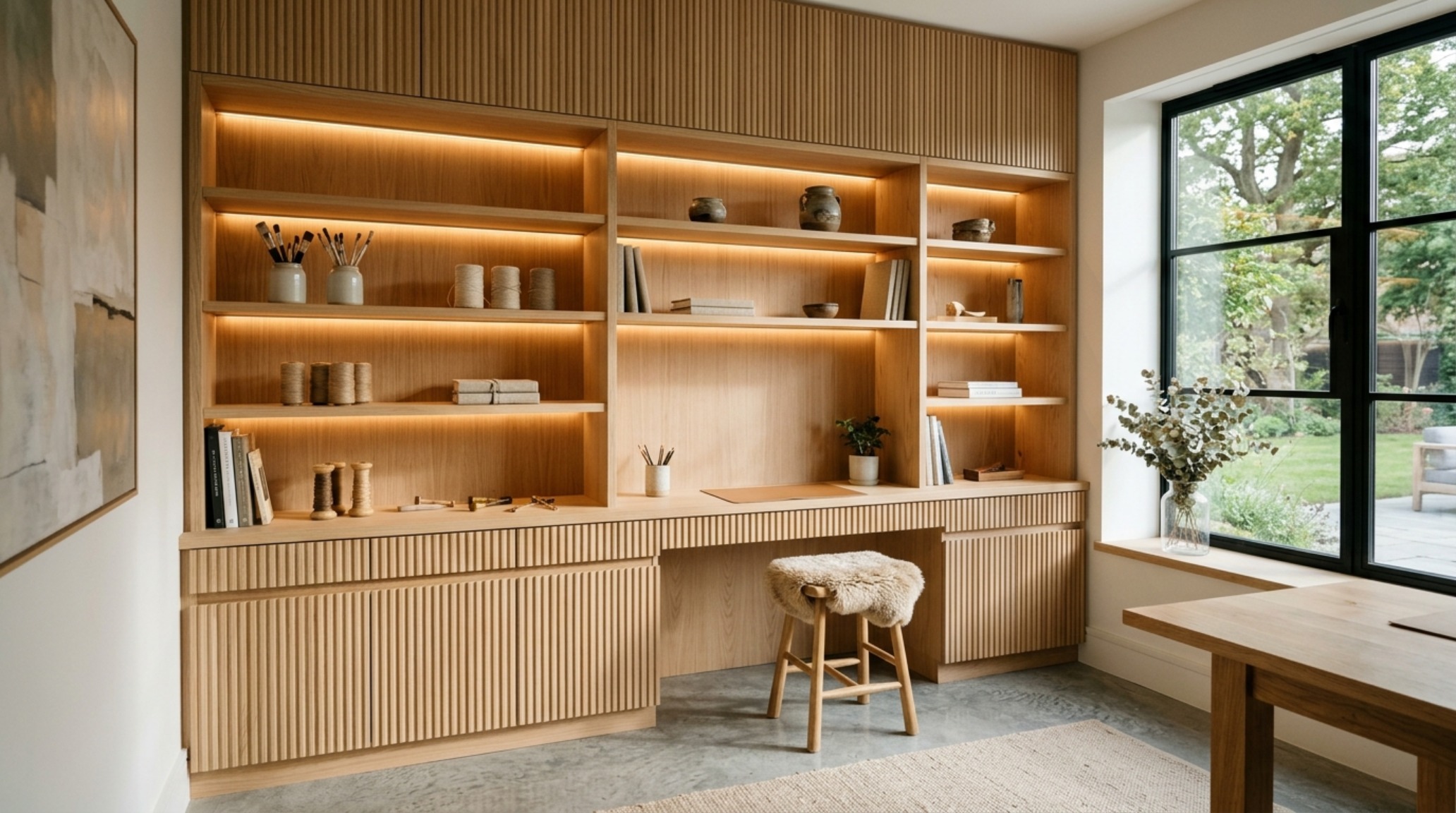 A custom studio cabinetry wall featuring fluted white oak panels and integrated LED lighting, showcasing an organic modern approach to craft storage decor ideas.