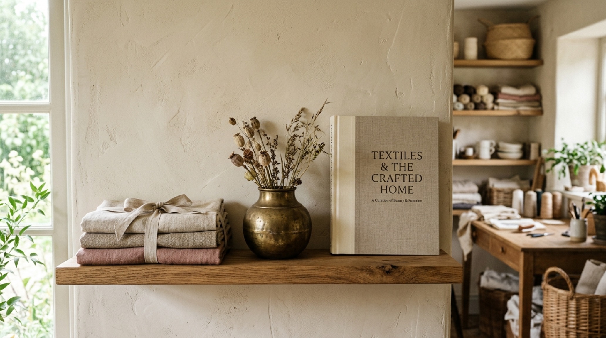 A curated shelf display in an aesthetic craft room design featuring a mix of closed storage and open 'active' inspiration galleries.