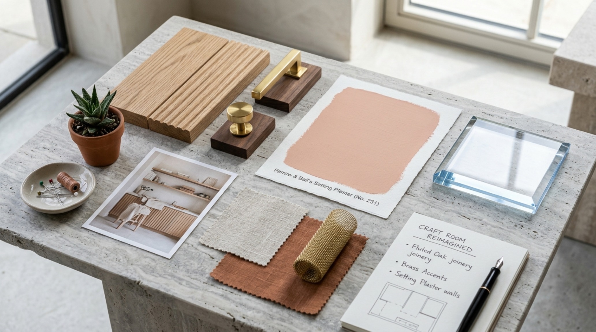Tactile material board for a luxury studio including fluted oak, brass mesh, Setting Plaster paint swatch, and clear acrylic.