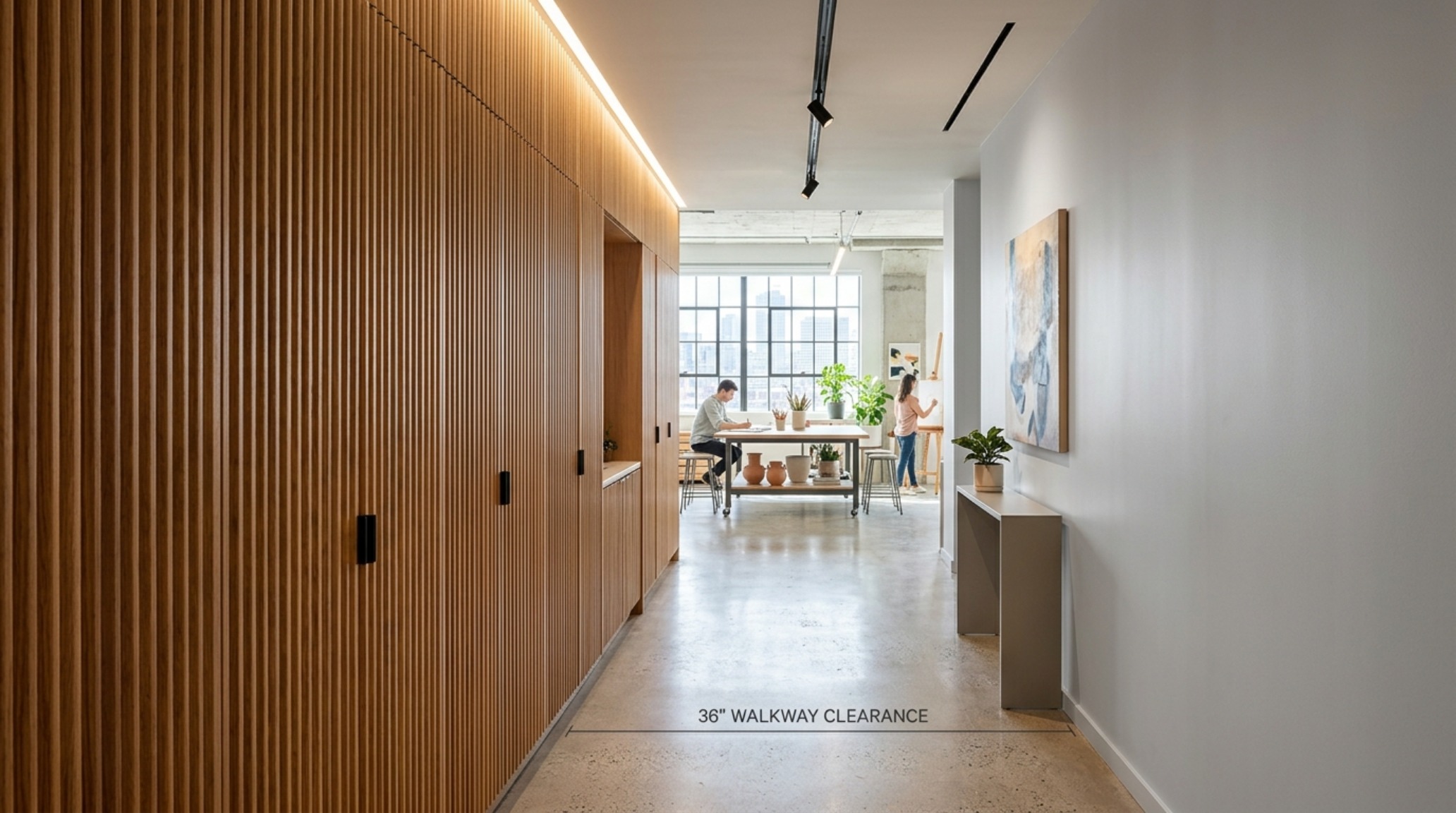 The intersection of a limewash wall and custom studio cabinetry, highlighting the shadow play and spatial cadence of a well-designed creative room.