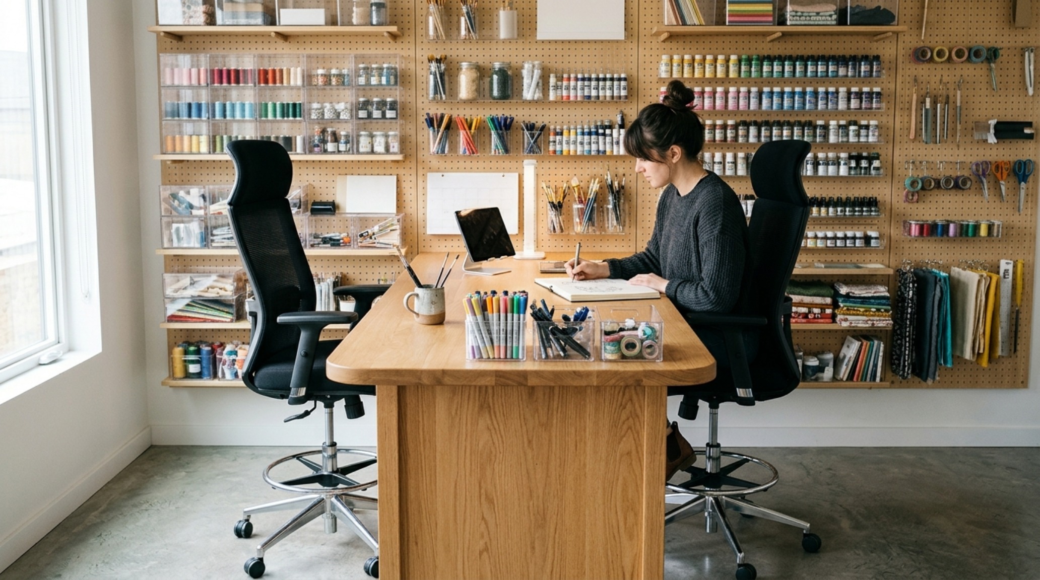 A minimalist workstation with a 30-inch seated clearance and 36-inch standing height table, emphasizing ergonomic craft storage decor ideas.