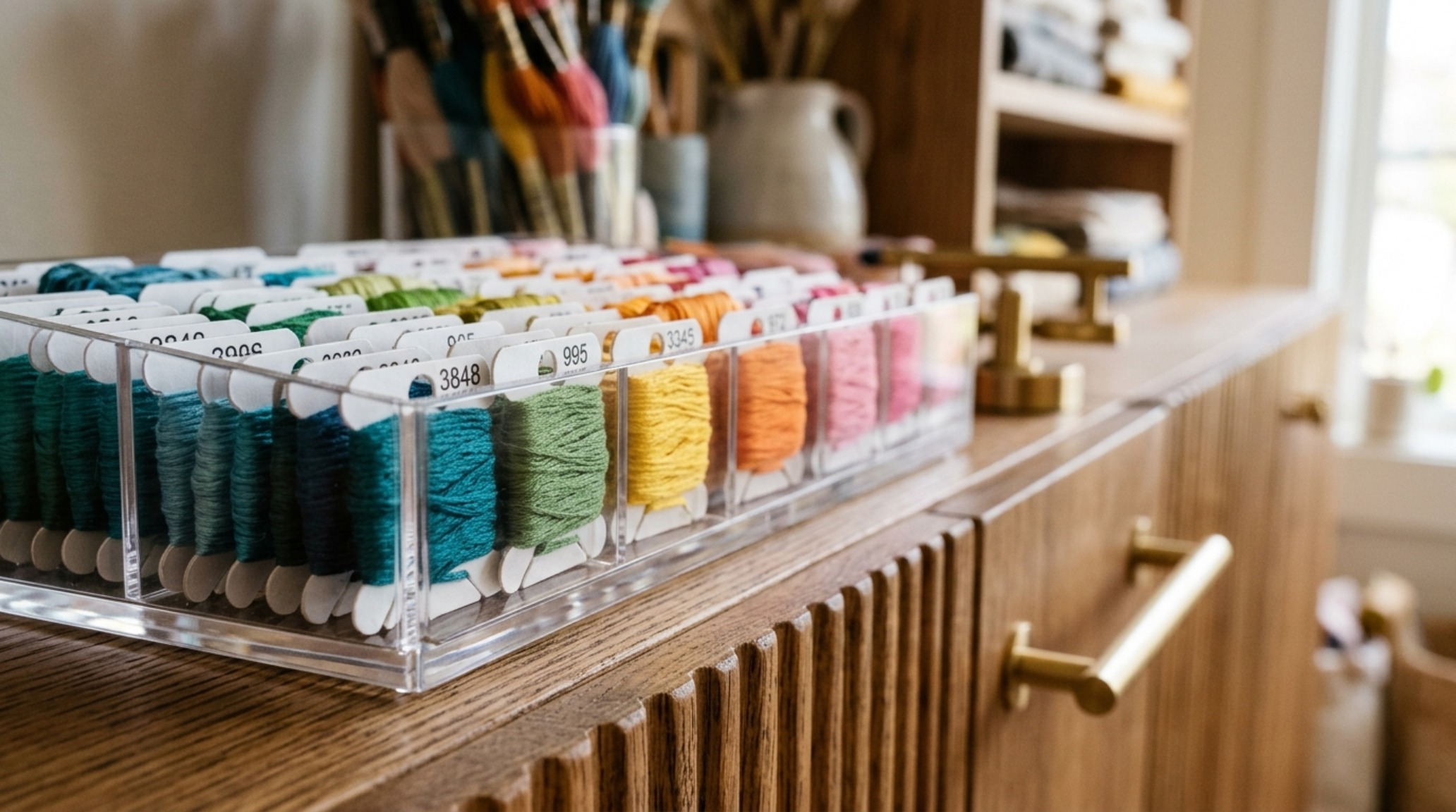 Detail shot of clear acrylic organizers filled with colorful threads, placed on a fluted timber shelf with brushed brass accents for an aesthetic craft room design.