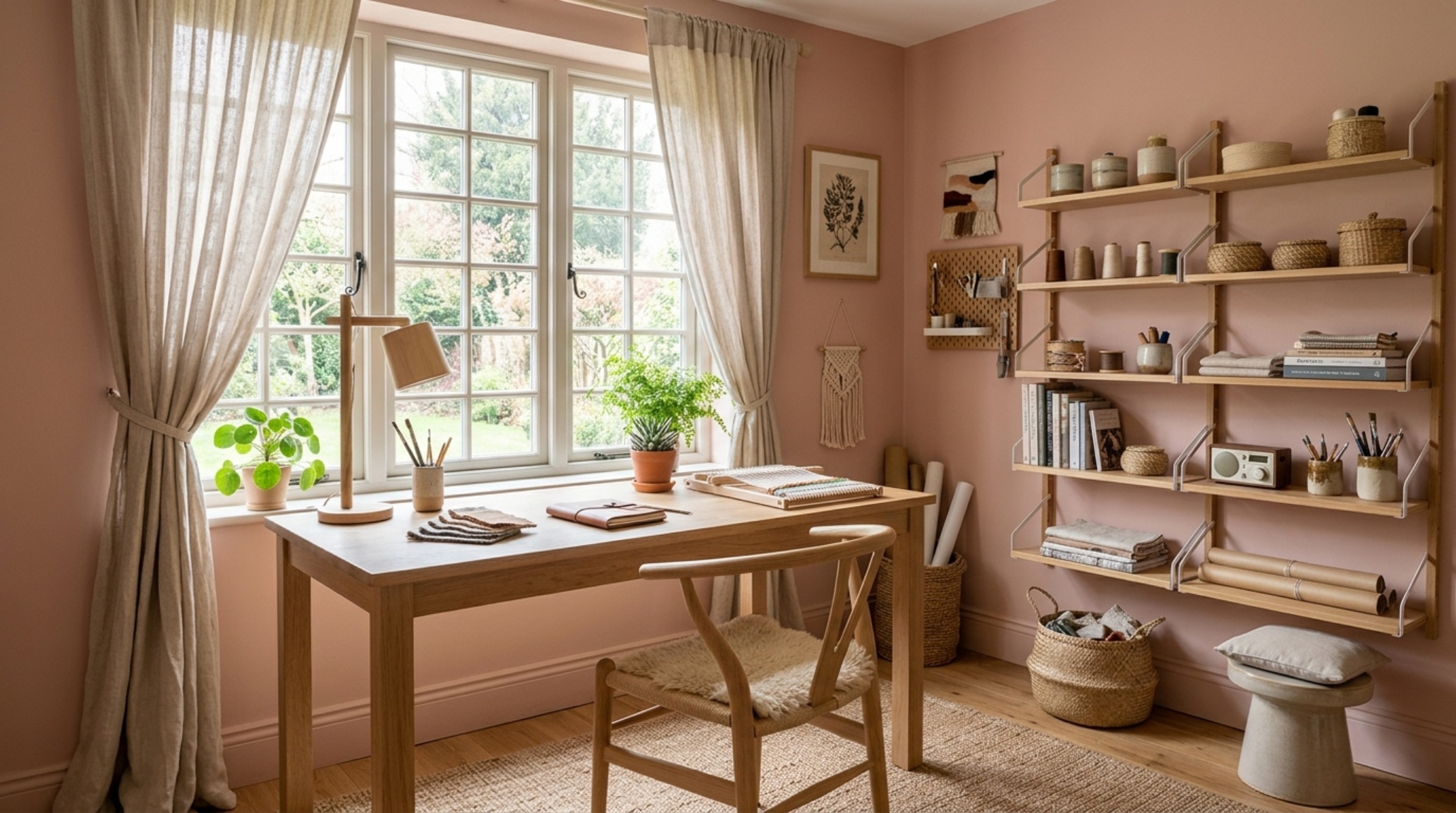A serene craft nook painted in Farrow and Ball Setting Plaster with modular craft storage units and a wide oak work surface, flooded with natural light.