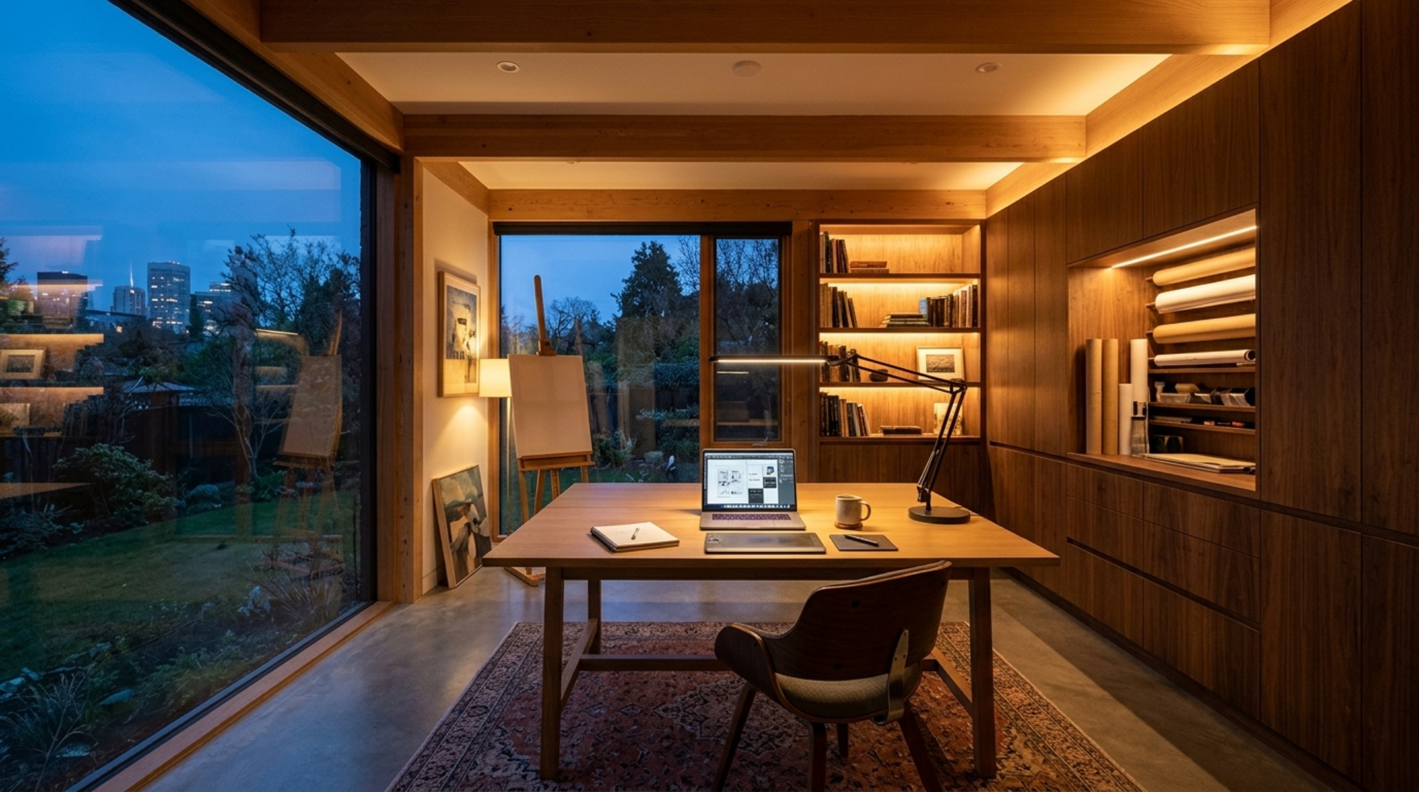 Professional studio lighting setup featuring a 2700K ambient glow and focused 3000K task lamps above a minimalist workstation with hidden storage for creative supplies.