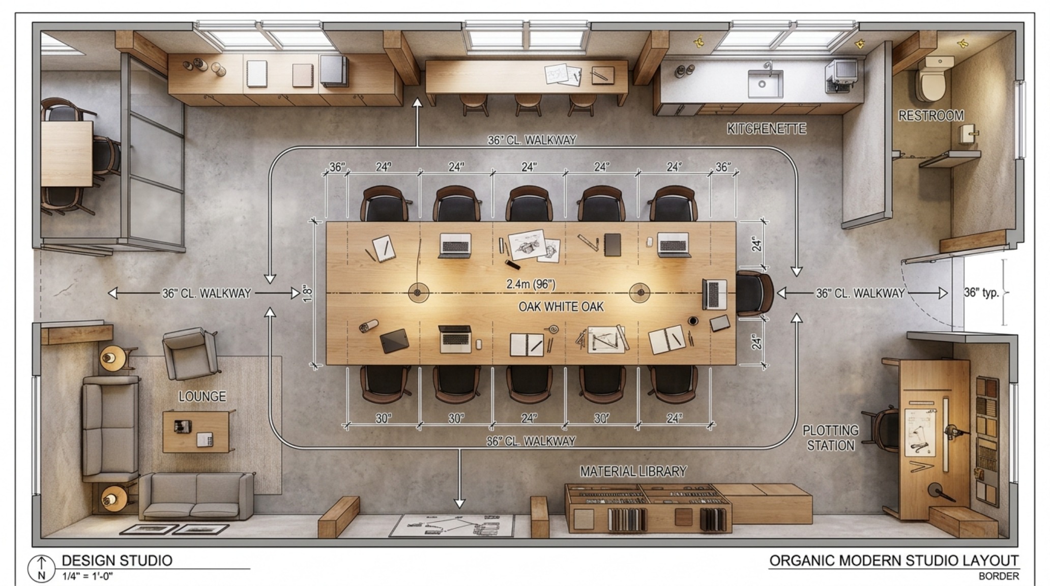 An organic modern studio layout with a central oak island, 36-inch walkway clearances, and floor-to-ceiling aesthetic modular shelving systems.