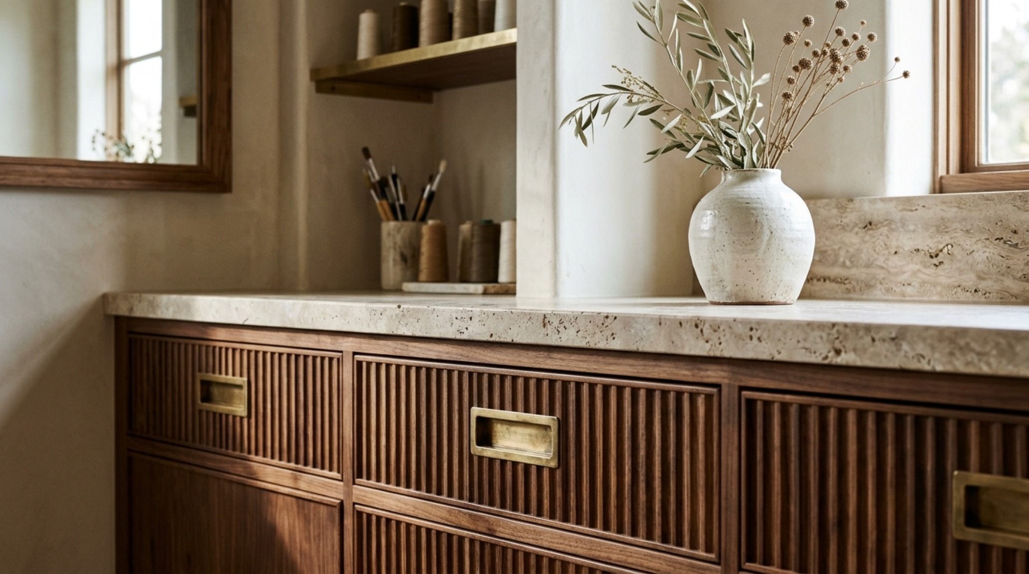 Symmetry in luxury craft room millwork with inset brass handles and a honed travertine countertop holding ceramic organizational vessels.