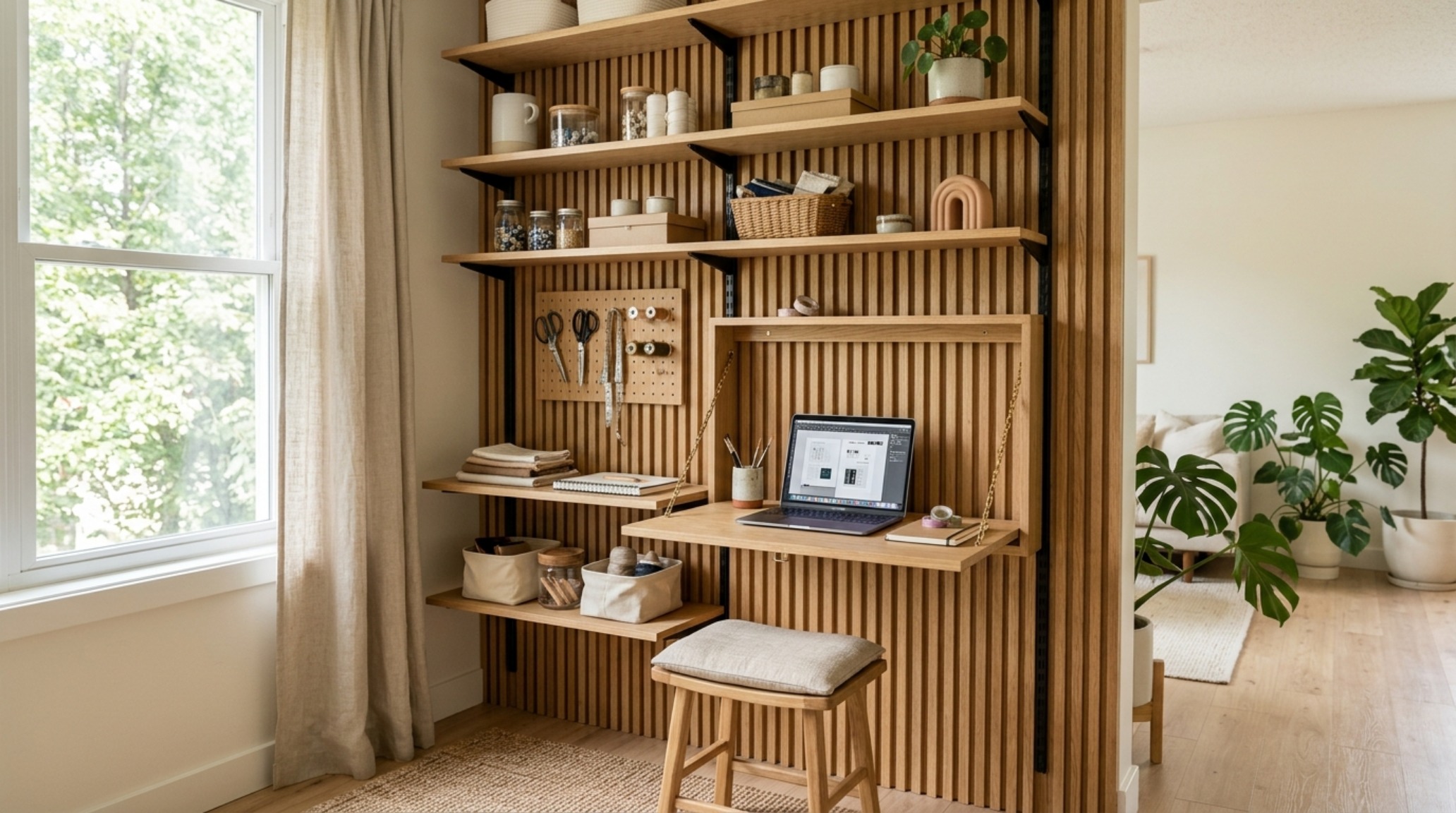 A small space craft nook hack utilizing vertical wall space with floating fluted shelves and minimalist Japandi craft room organization principles.