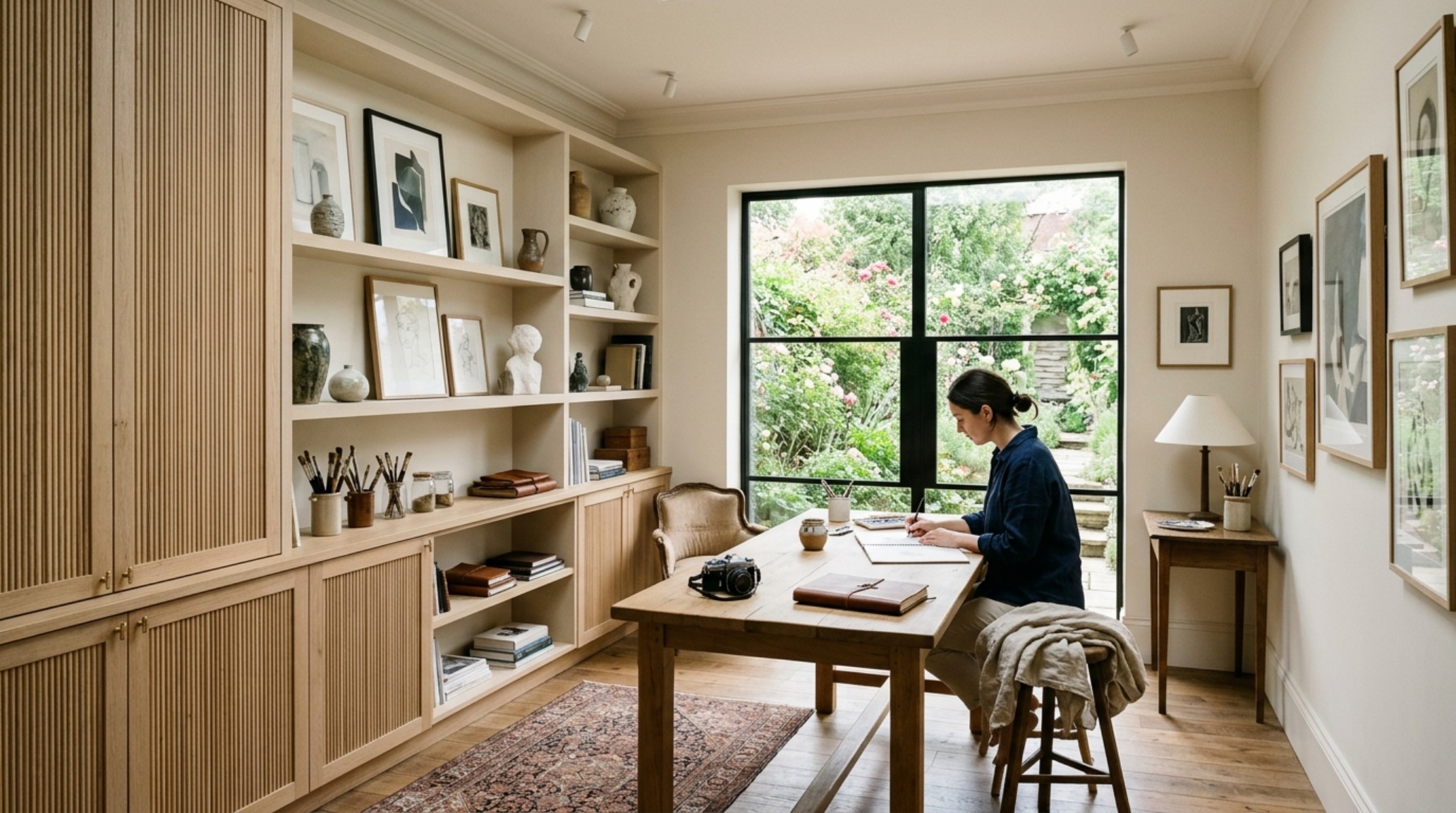 View of an integrated home studio showcasing the transition between a linen-upholstered armchair and a custom-built drafting desk with 18-inch reach zones.