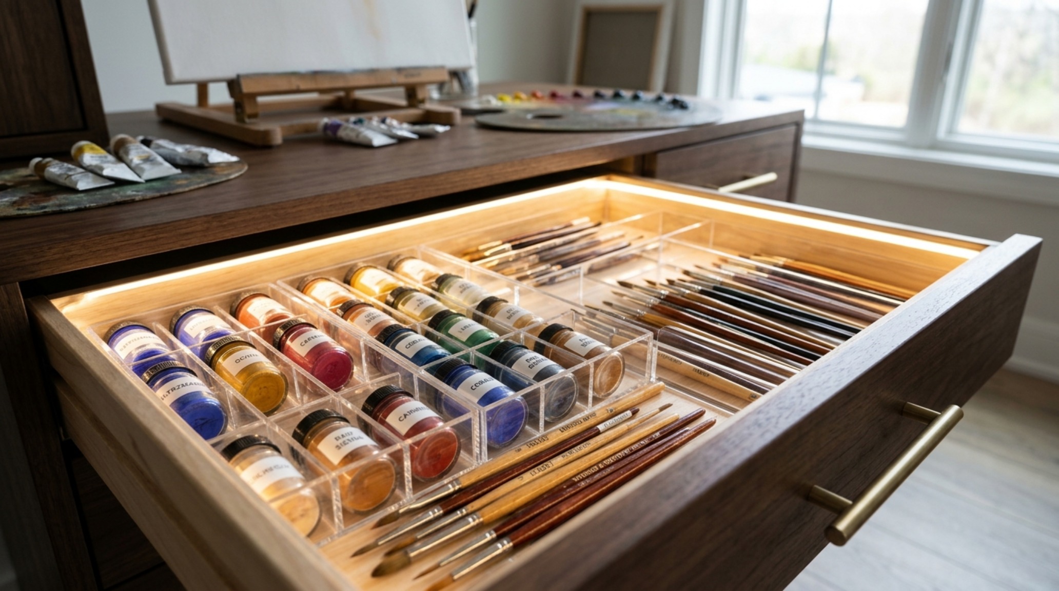 Close-up of high-CRI LED strip lighting illuminating a drawer of neatly organized architectural drafting tools and pigments.