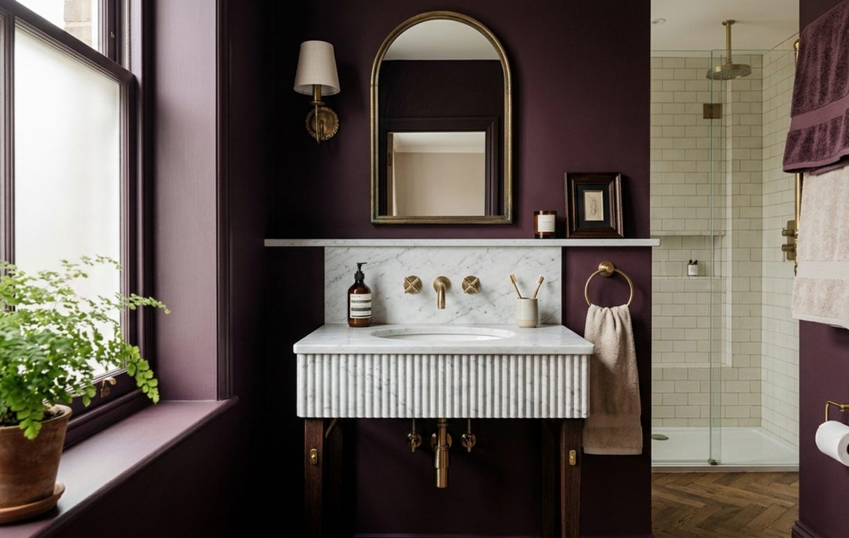small bathroom color palettes featuring a deep plum matte finish paired with brushed brass hardware and a fluted marble vanity top