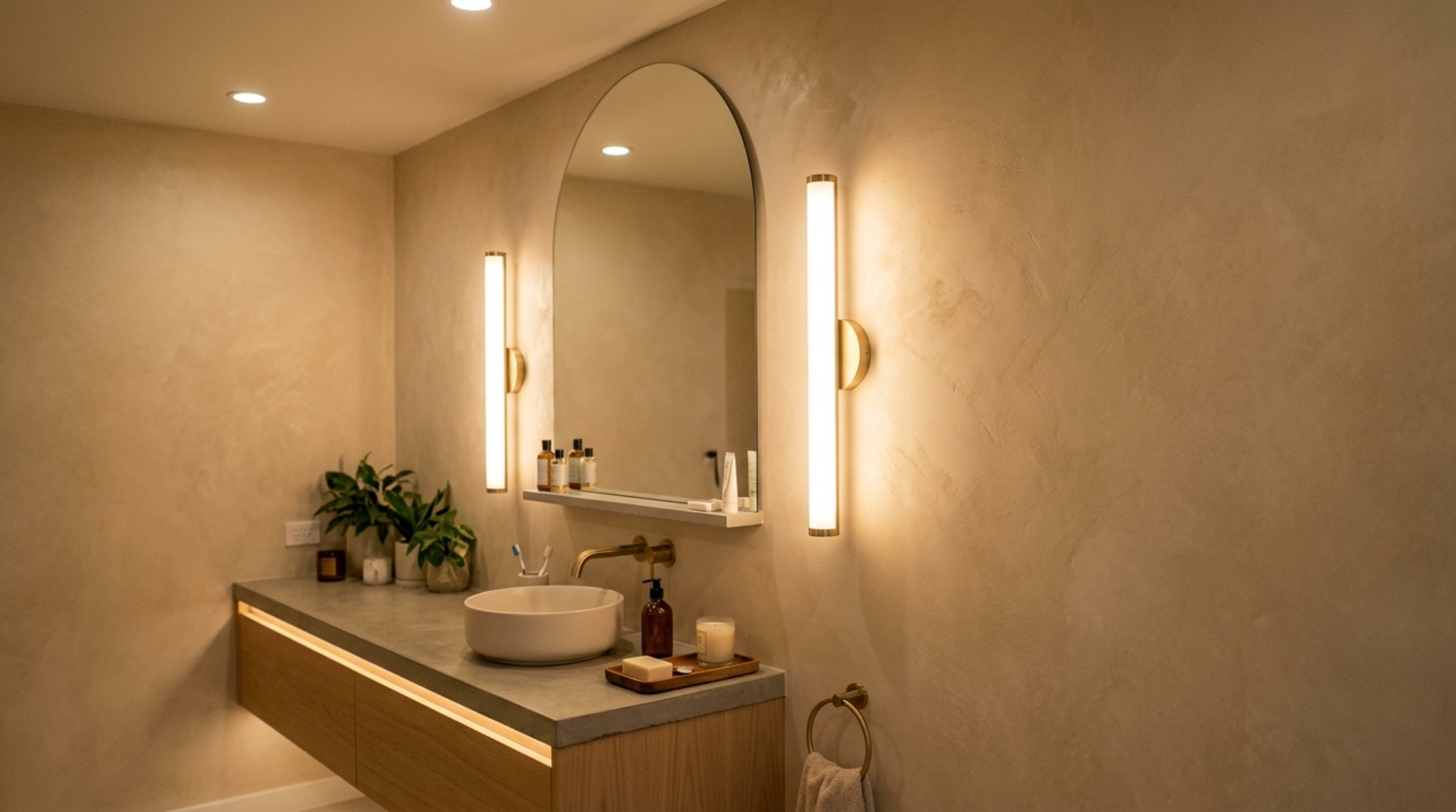 bathroom light layering with dual eye-level sconces providing 3000K task lighting against a textured lime-wash wall bathroom light layering with dual eye-level sconces providing 3000K task lighting against a textured lime-wash wall