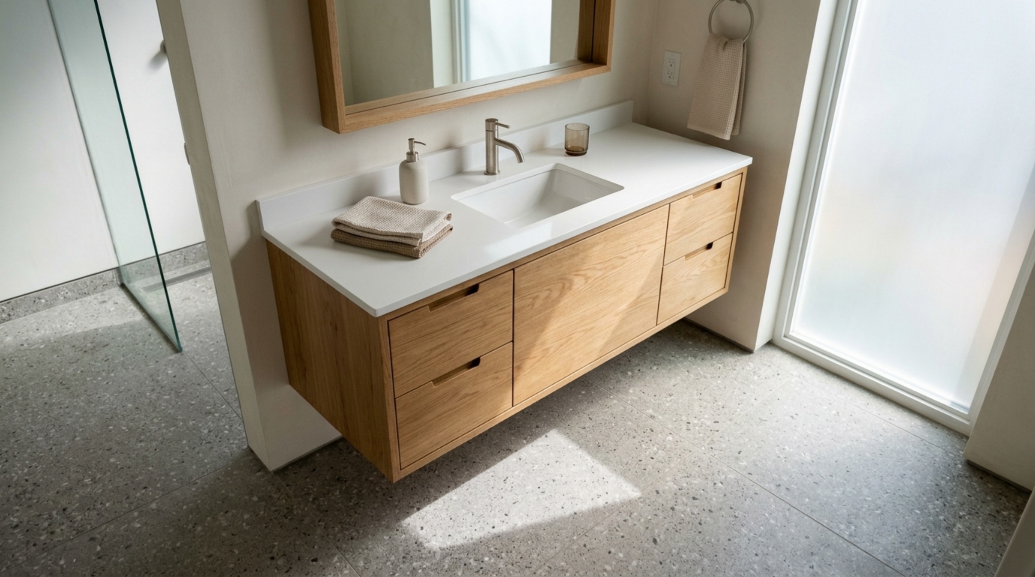 floating vanity benefits highlighted by an oak cabinet with integrated storage and a high-clearance floor plane floating vanity benefits highlighted by an oak cabinet with integrated storage and a high-clearance floor plane