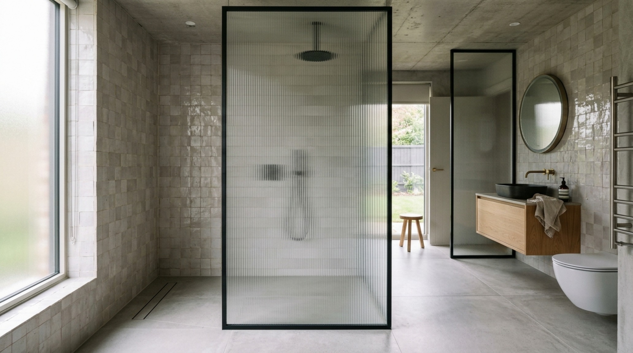 wet room conversion tips showcasing a fluted glass partition and continuous zellige tile transition wet room conversion tips showcasing a fluted glass partition and continuous zellige tile transition