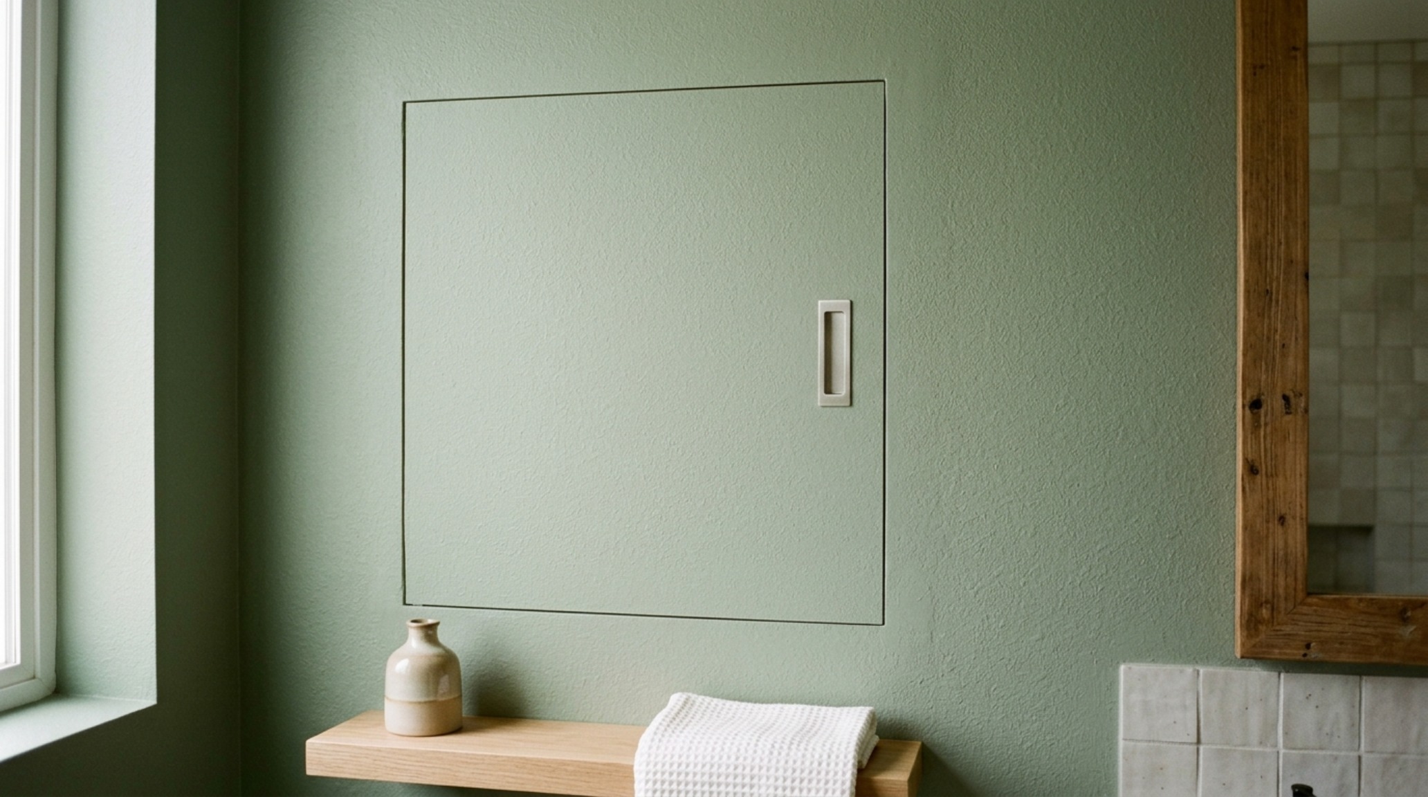 hidden bathroom storage built into a recessed wall niche with flush-mount cabinetry and push-to-open hardware hidden bathroom storage built into a recessed wall niche with flush-mount cabinetry and push-to-open hardware
