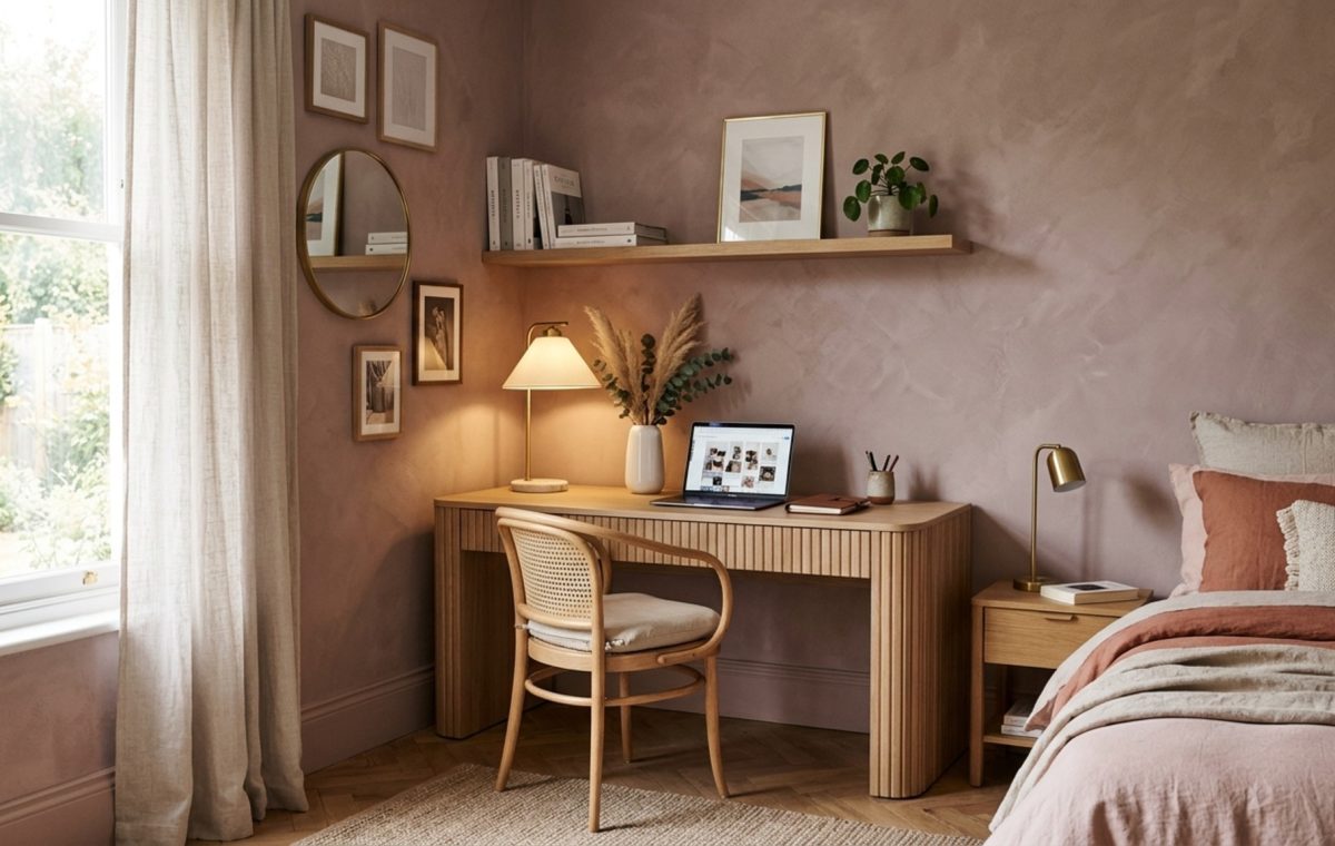 sophisticated pink paint alternatives featuring a dusty plaster wall finish paired with fluted white oak cabinetry and warm 2700K lighting