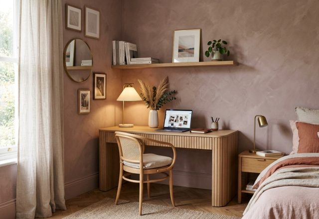 sophisticated pink paint alternatives featuring a dusty plaster wall finish paired with fluted white oak cabinetry and warm 2700K lighting