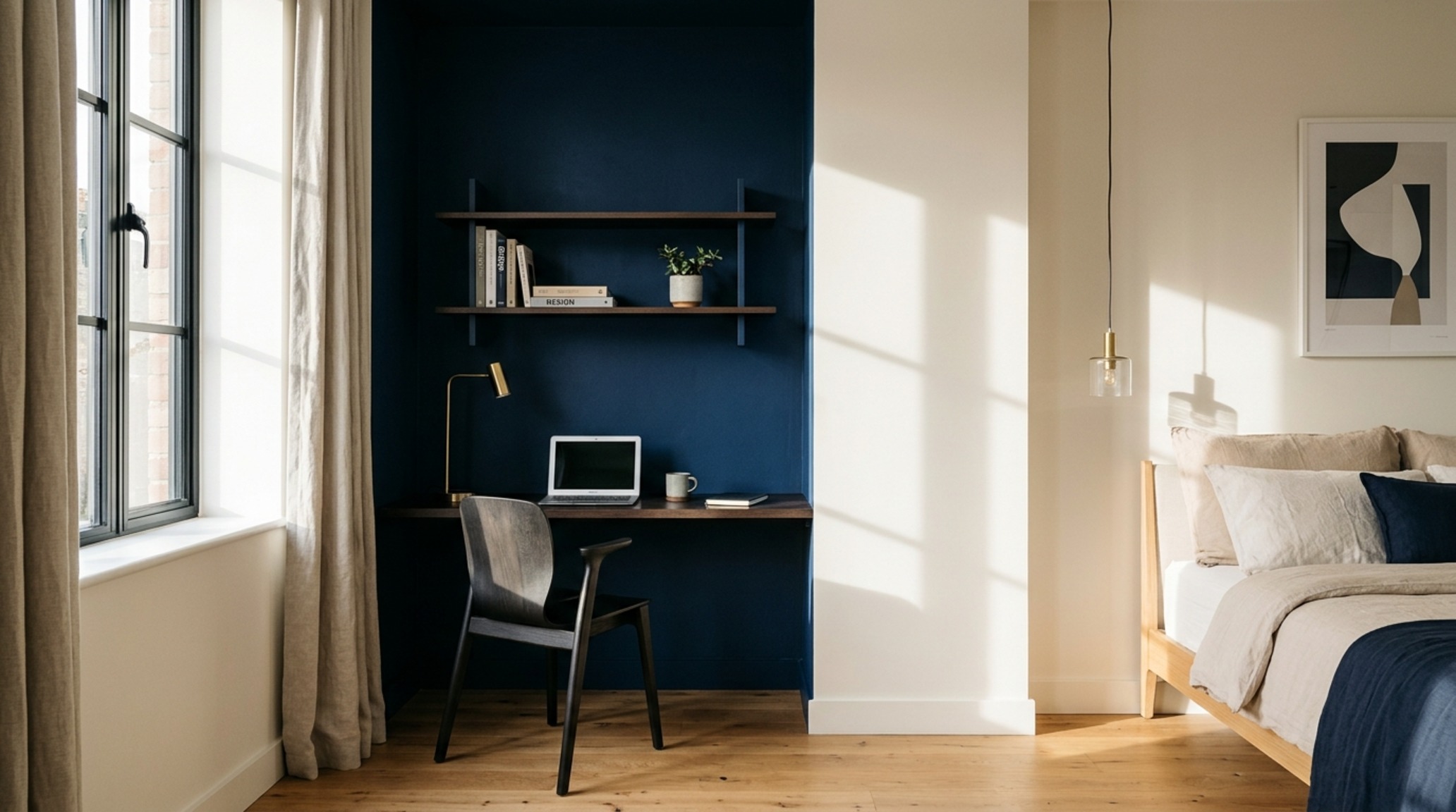 tonal color blocking for bedrooms using deep slate blue and pale gray to define a desk area with architectural precision tonal color blocking for bedrooms using deep slate blue and pale gray to define a desk area with architectural precision