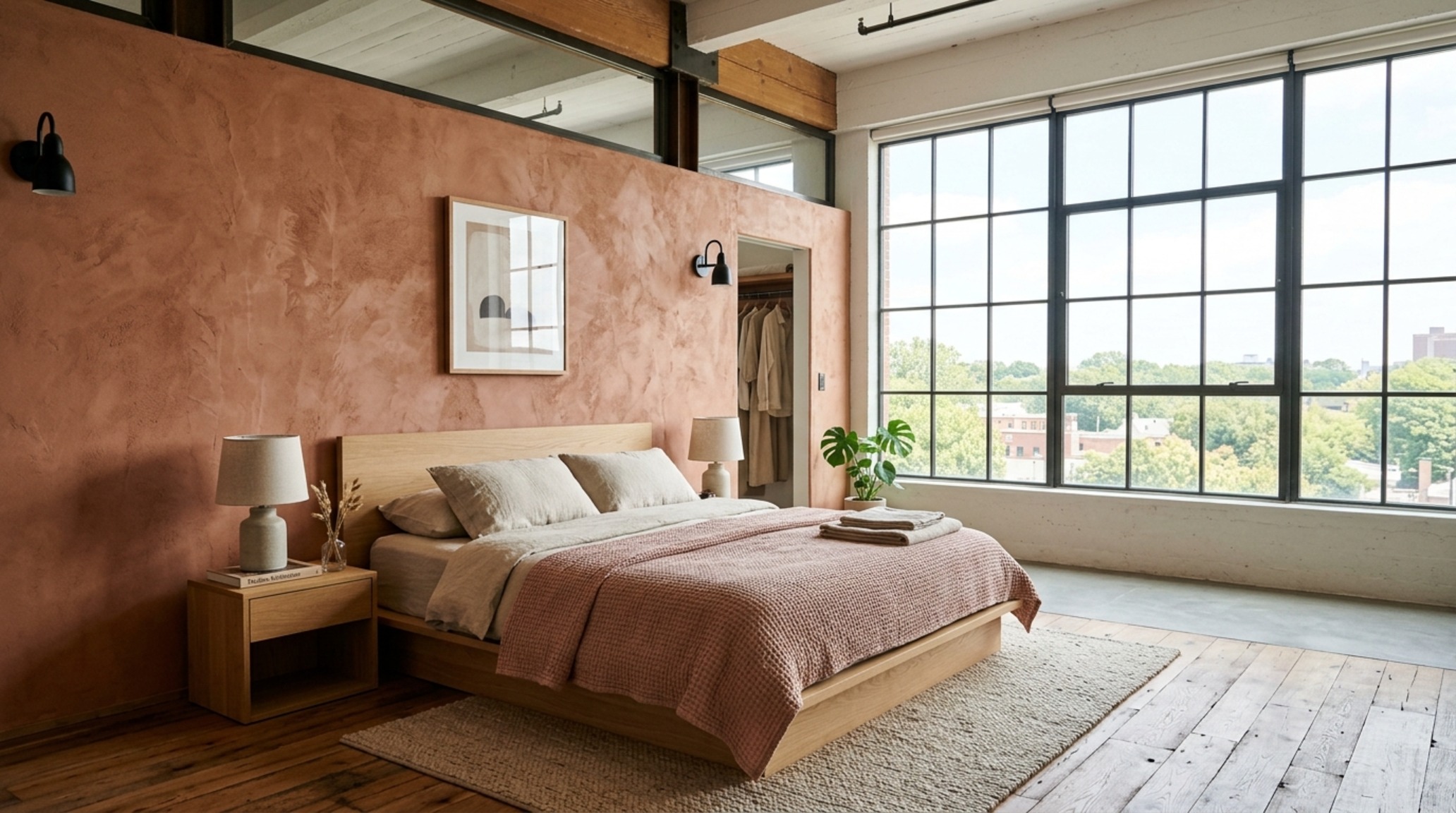 sophisticated pink paint alternatives shown in a textured lime wash finish with brass accents and Belgian linen bedding sophisticated pink paint alternatives shown in a textured lime wash finish with brass accents and Belgian linen bedding