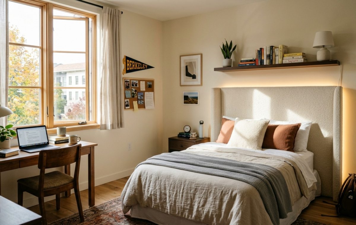 A sophisticated collegiate interior design featuring a cream bouclé headboard and 2700K warm LED lighting, creating a boutique-hotel atmosphere with Benjamin Moore Swiss Coffee walls.