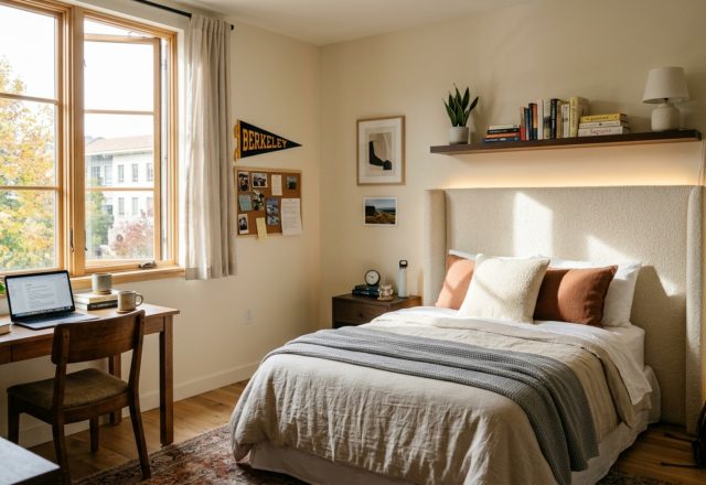 A sophisticated collegiate interior design featuring a cream bouclé headboard and 2700K warm LED lighting, creating a boutique-hotel atmosphere with Benjamin Moore Swiss Coffee walls.