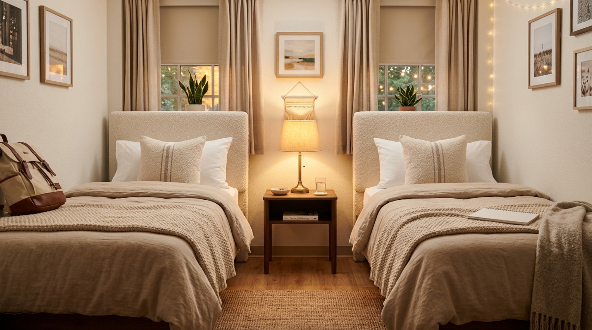 A final architectural reflection on dorm room headboard decor ideas, showing a perfectly balanced Twin XL bed with symmetrical lighting and clean, 30-inch clearance zones.