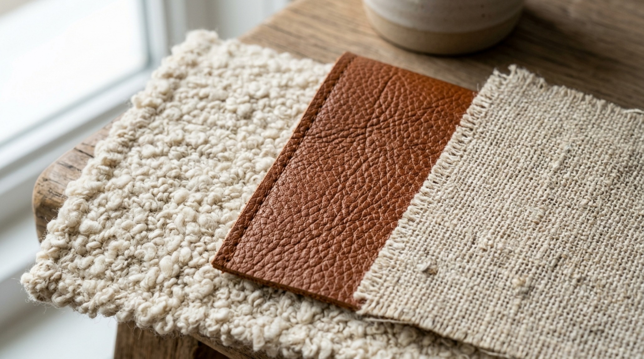 A close-up of tactile materials for dorm room headboard decor ideas, showcasing the contrast between nubby bouclé fabric, smooth cognac faux-leather, and crisp oatmeal linen bedding.