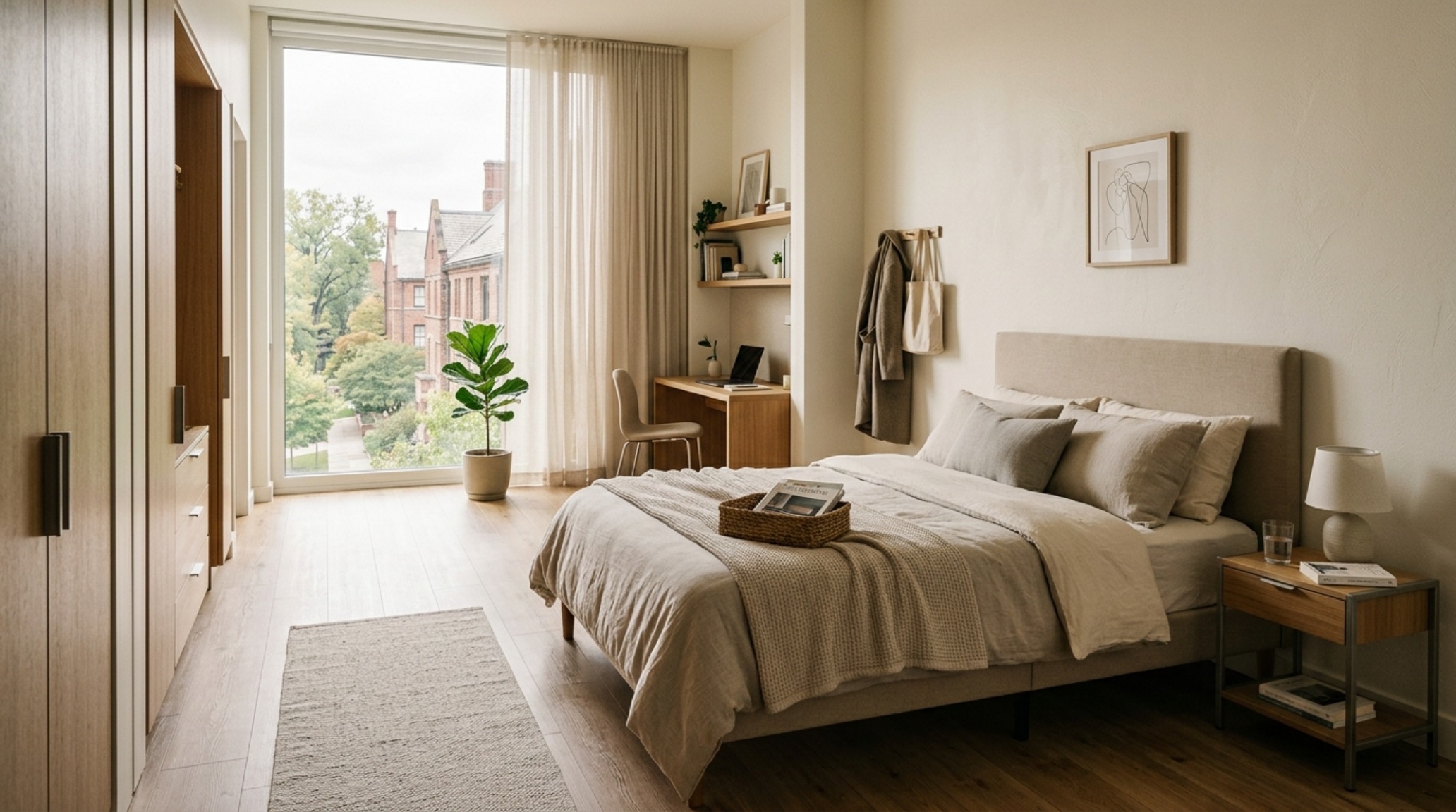 An architectural wide shot of a dorm room with an aesthetic twin xl headboard ideas setup, maintaining a 36-inch clear walkway and 18-inch ergonomic reach to a minimalist nightstand.