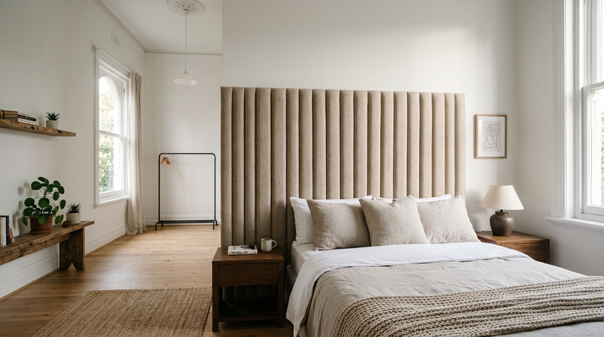 Editorial photography of back-to-school bedroom trends 2025, highlighting vertical fluted headboard panels in a warm neutral palette to optimize vertical space in a small dorm.
