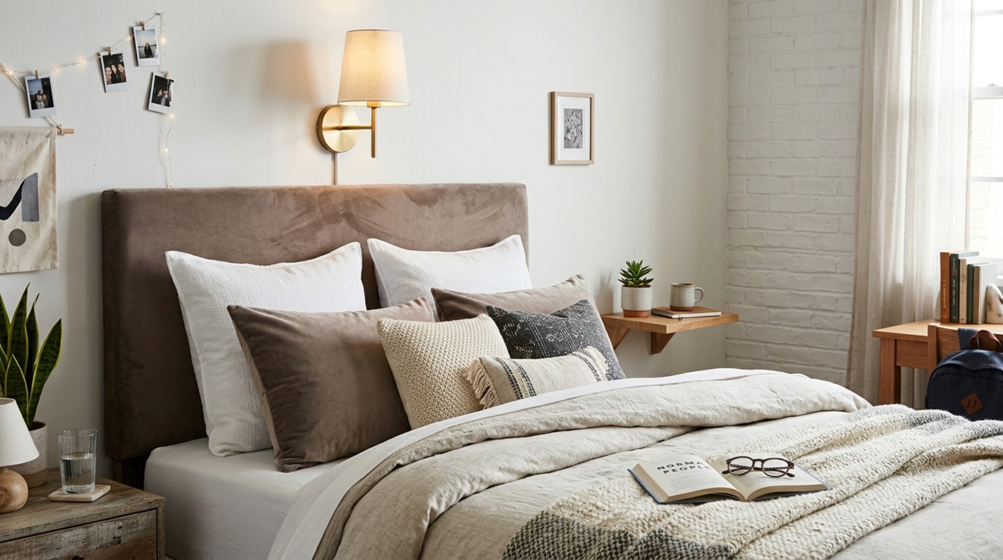 A low-angle shot of a peel and stick velvet headboard in a deep taupe, styled with layered neutral linens and a brushed brass sconce for a 'Quiet Luxury' student housing setup.