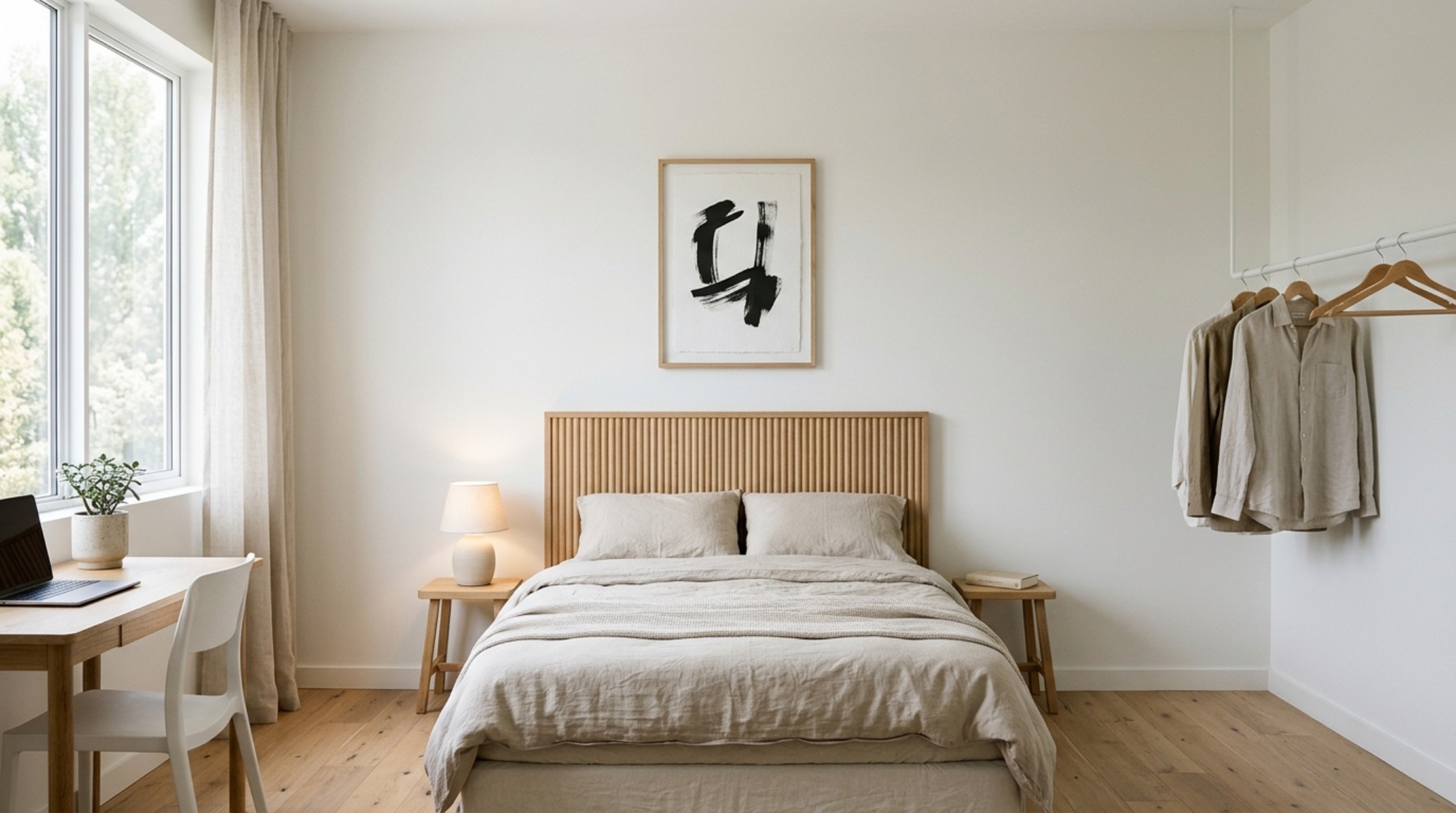 A minimalist dormitory layout showing a fluted white oak headboard anchor, illustrating spatial cadence and sightline alignment with a large-scale piece of monochromatic art.