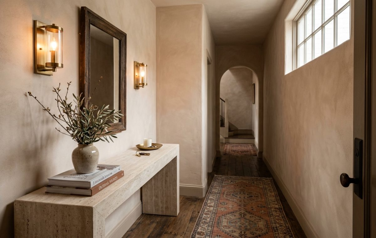 Editorial hero shot of a narrow entryway featuring soft pink limewash walls, a honed travertine console, and a vintage Oushak runner under 2700K warm light.