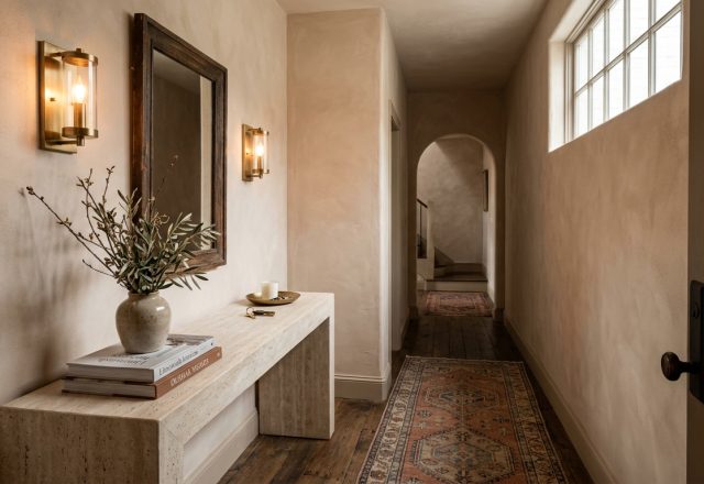 Editorial hero shot of a narrow entryway featuring soft pink limewash walls, a honed travertine console, and a vintage Oushak runner under 2700K warm light.