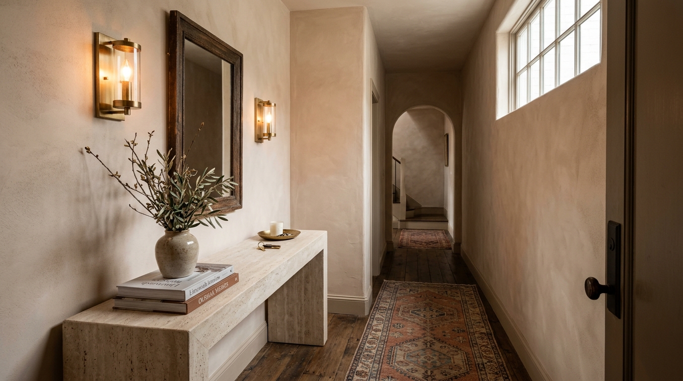 Editorial hero shot of a narrow entryway featuring soft pink limewash walls, a honed travertine console, and a vintage Oushak runner under 2700K warm light. Editorial hero shot of a narrow entryway featuring soft pink limewash walls, a honed travertine console, and a vintage Oushak runner under 2700K warm light.