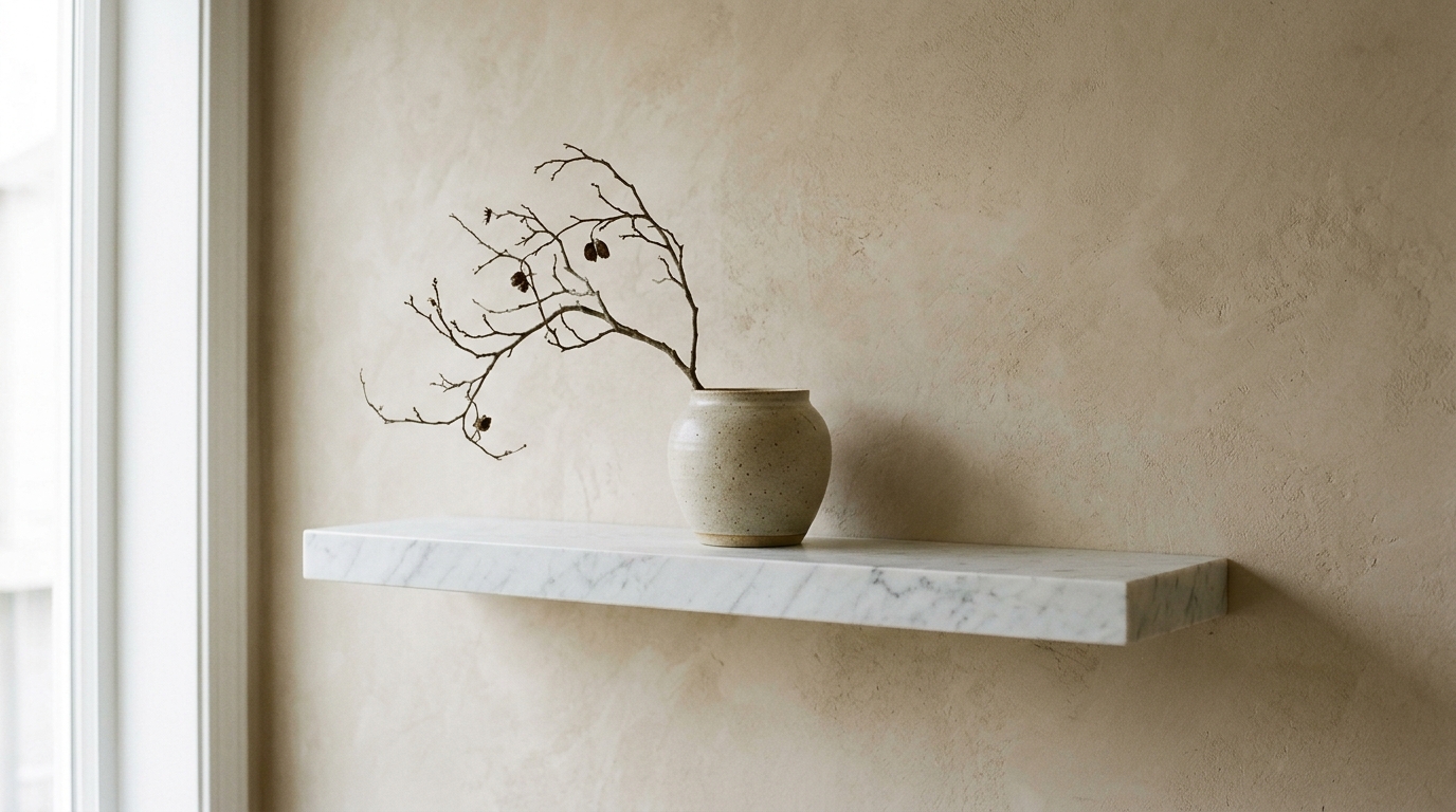 Tactile limewash walls in Benjamin Moore Swiss Coffee with a floating marble ledge and a single ceramic vase for a sculptural foyer look. Tactile limewash walls in Benjamin Moore Swiss Coffee with a floating marble ledge and a single ceramic vase for a sculptural foyer look.
